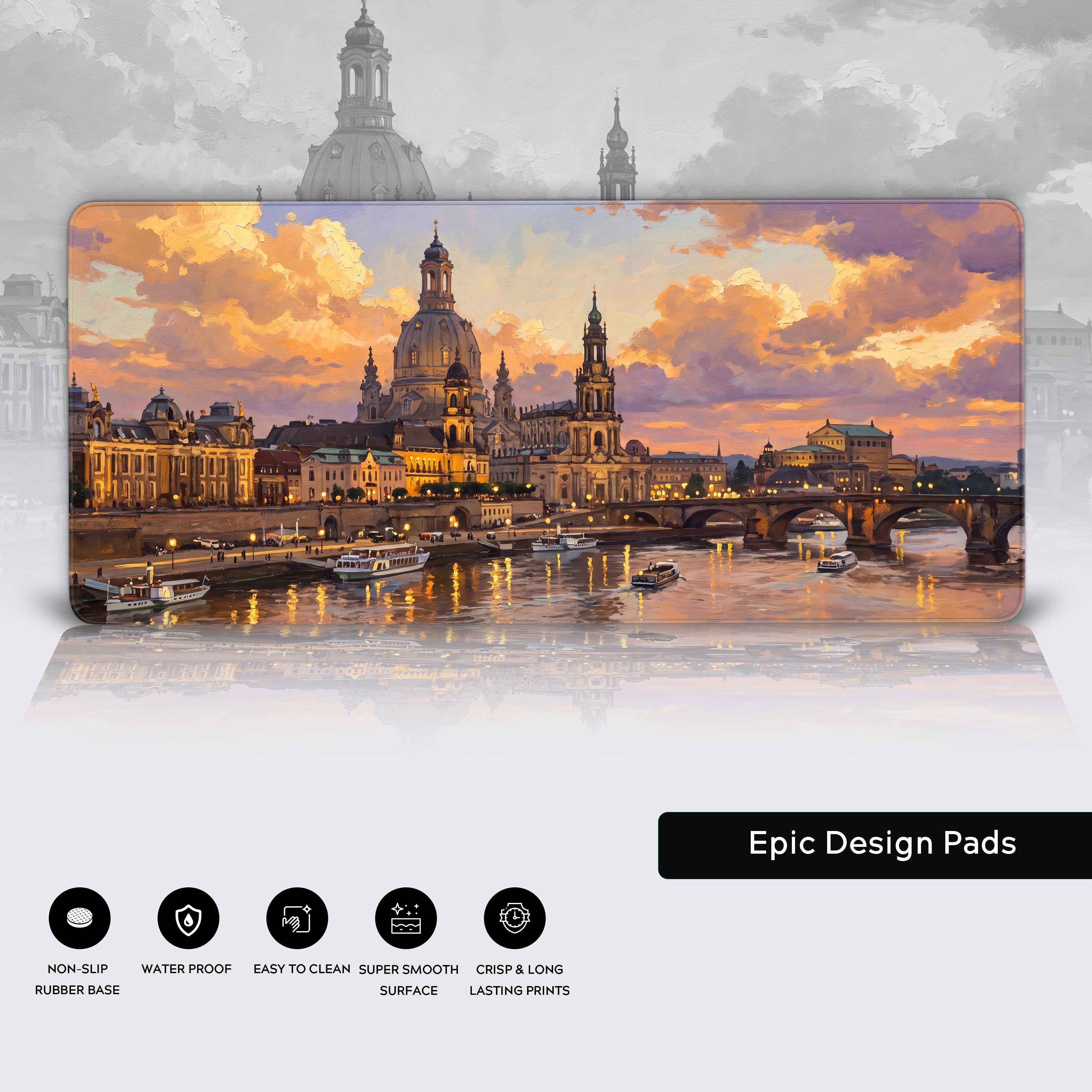 Infographic displaying the cityscape desk mat along with five product feature icons indicating a non-slip base, waterproof surface, easy cleaning, smooth feel, and crisp prints.