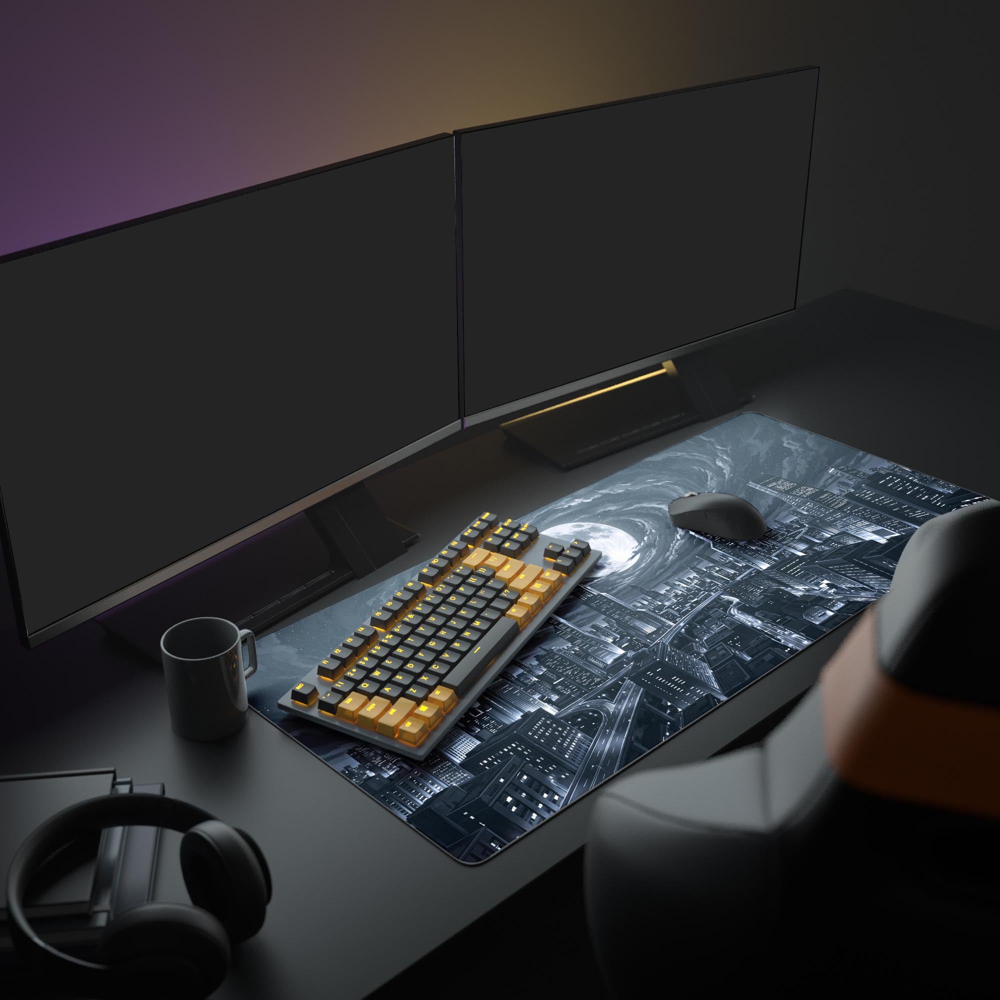 Detailed view of glowing highways and modern skyscrapers on the black and white mouse pad.