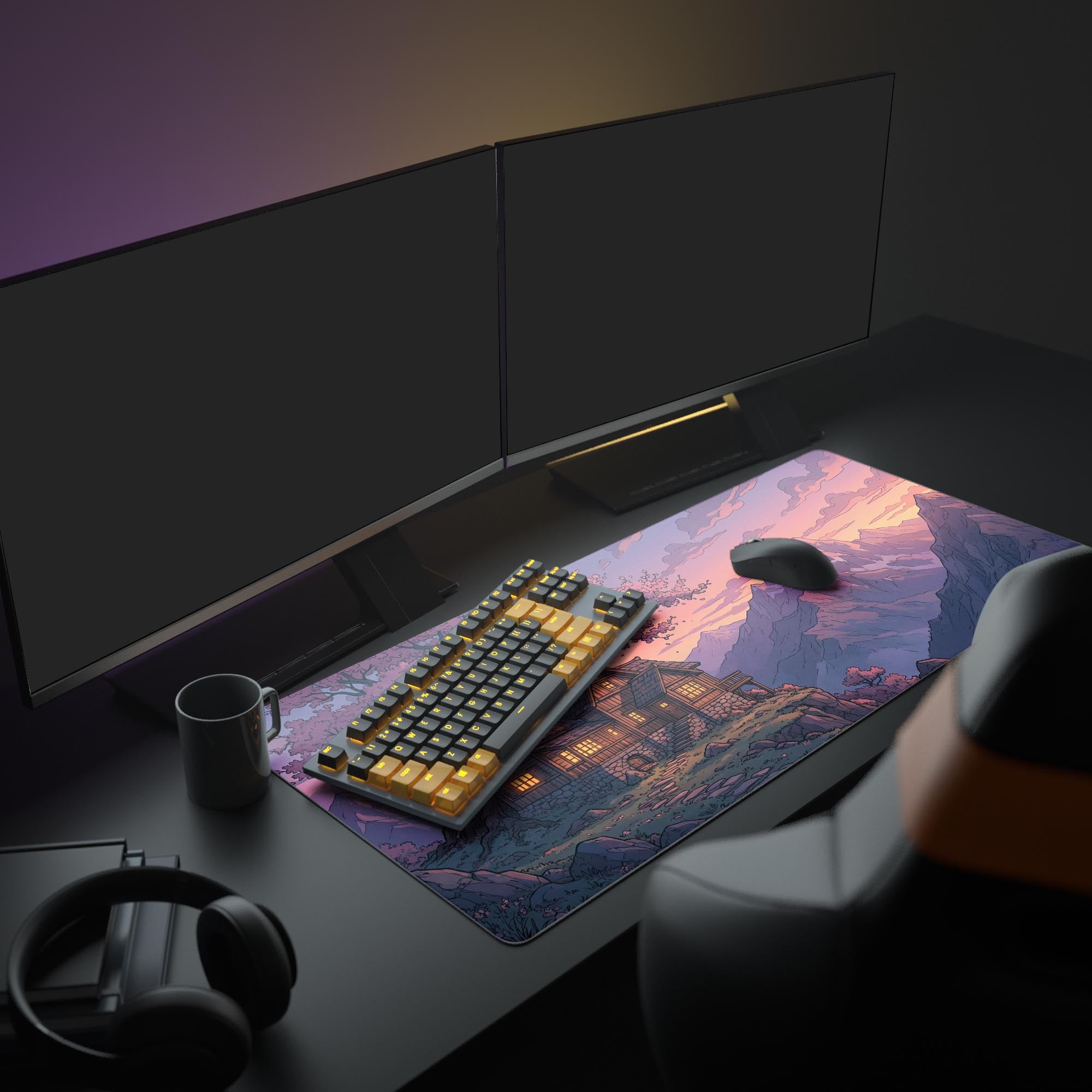 A cozy PC gaming setup featuring the Cliffside Haven mouse pad. The vibrant mountain and sunset design complements the illuminated monitors and keyboard, creating an immersive atmosphere. - Epic Design Pads & Mousepads
