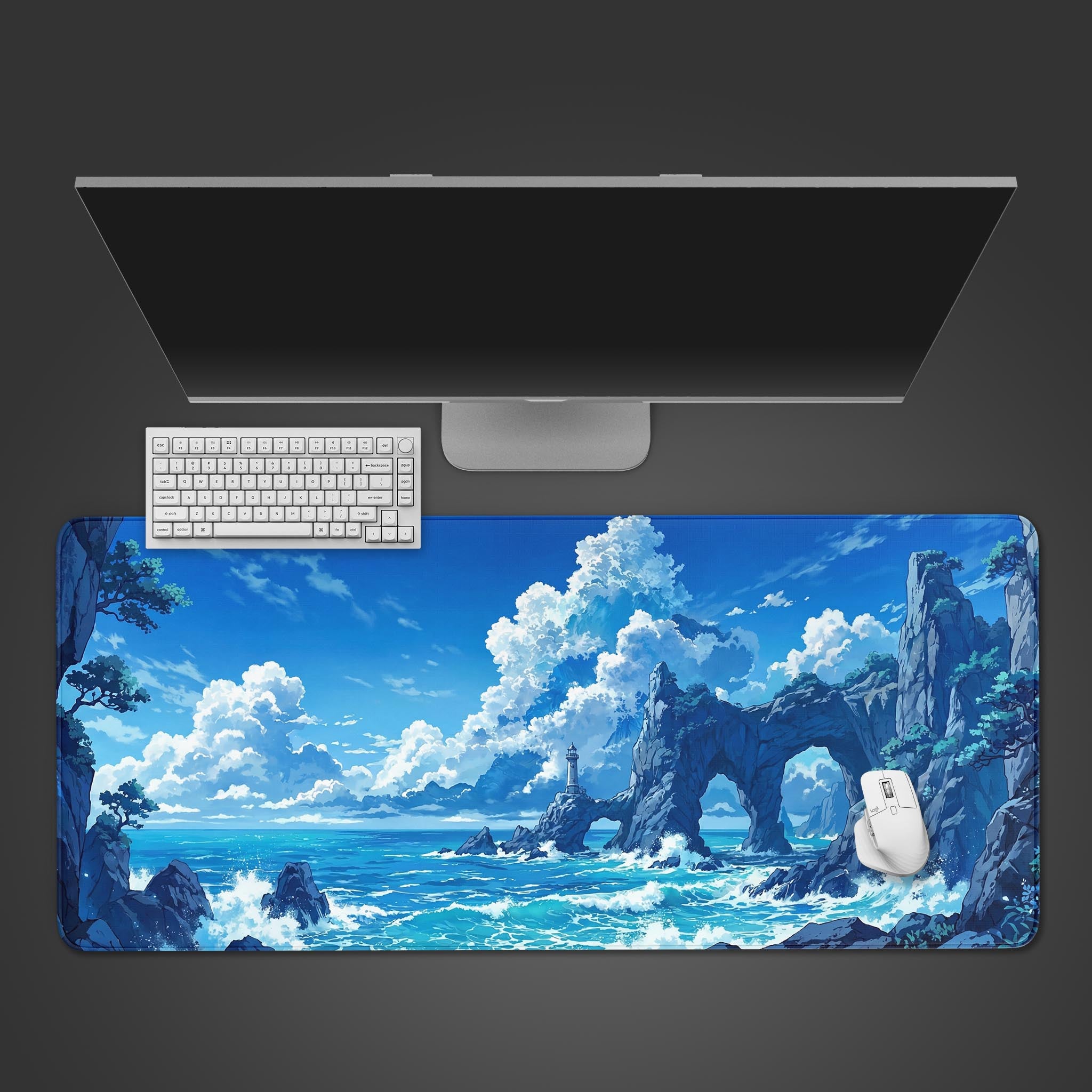 Cloud Horizon desk mat with vibrant anime cloud and sky design. Top-down view on a desk with a white mechanical keyboard and mouse, showing its large surface area. - Epic Design Pads & Mousepads