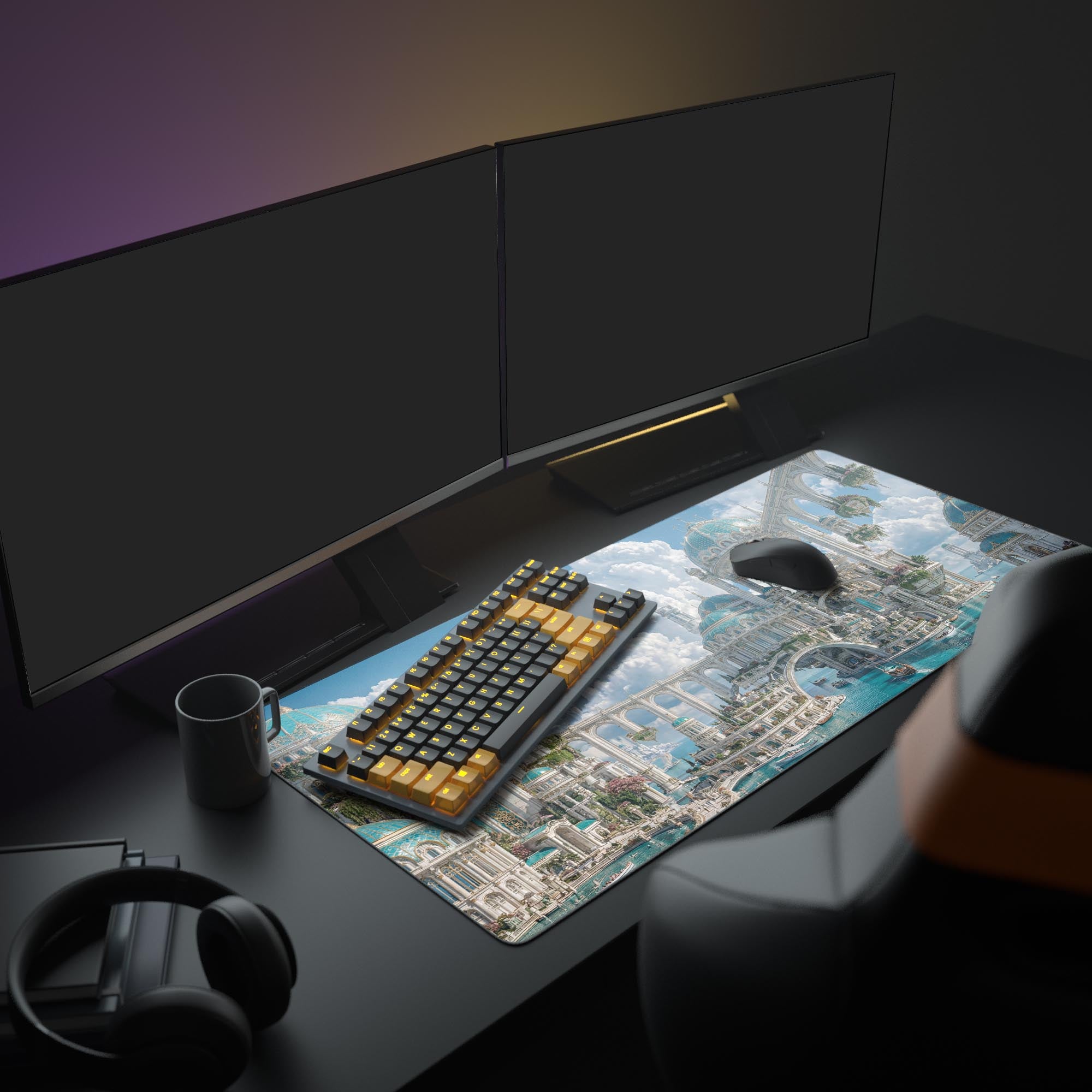 A full gaming setup featuring the Cloudborne Empire desk mat, creating an inspiring and ethereal aesthetic with multiple monitors and peripherals. - Epic Design Pads & Mousepads