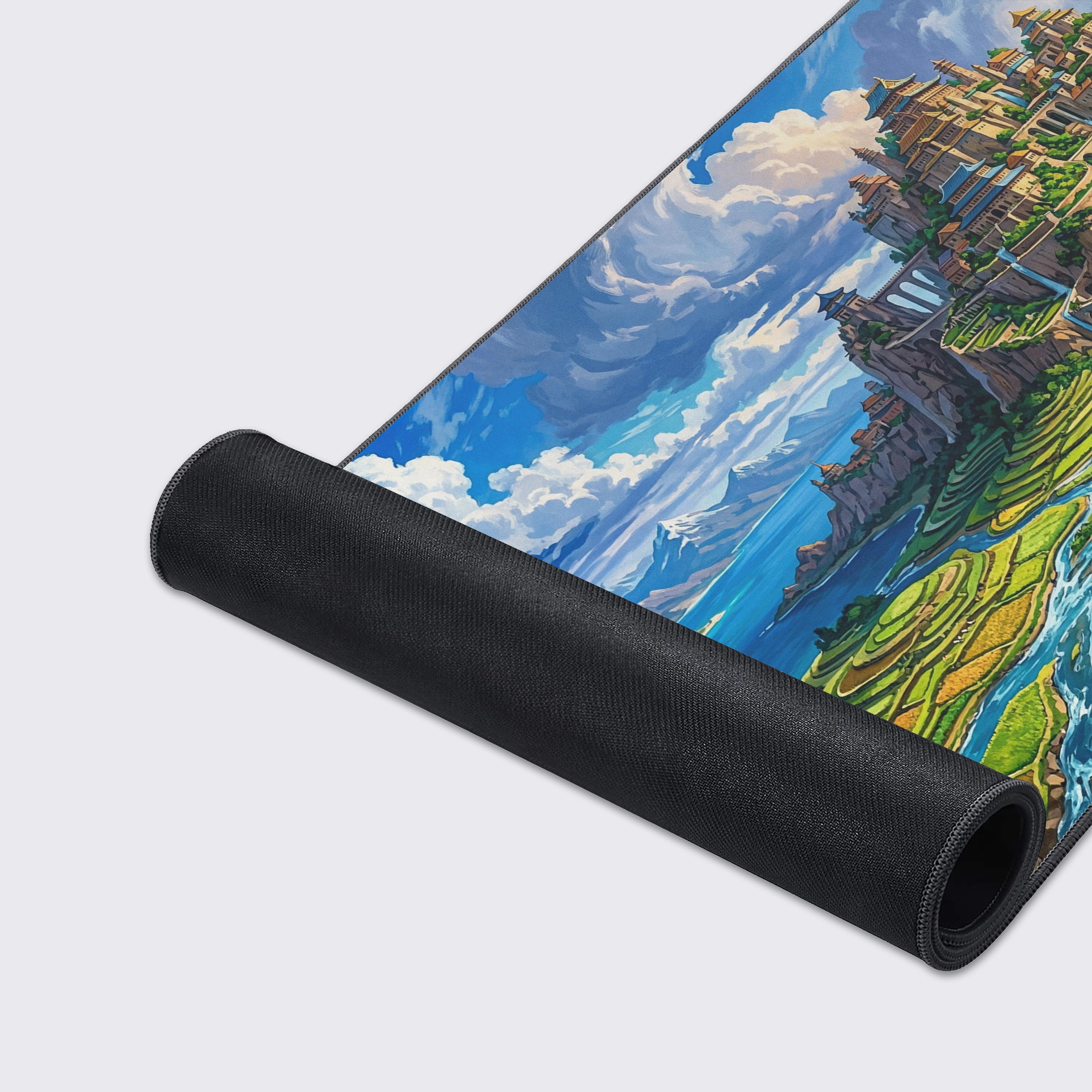 Vibrant blue ocean and sailing ships depicted on a large smooth desk mat