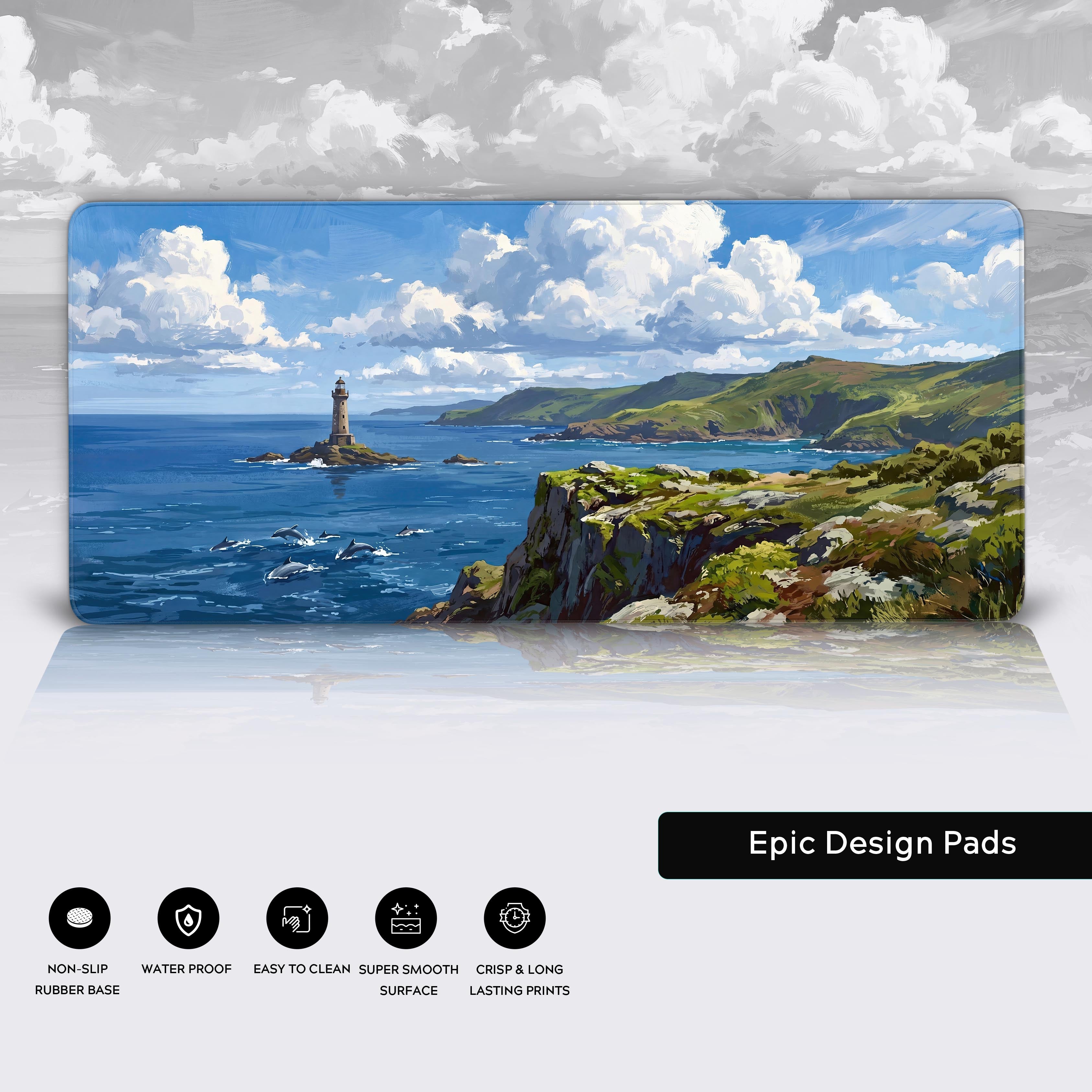 Epic Design Pads Coastal Lighthouse desk mat displaying water-proof and non-slip features