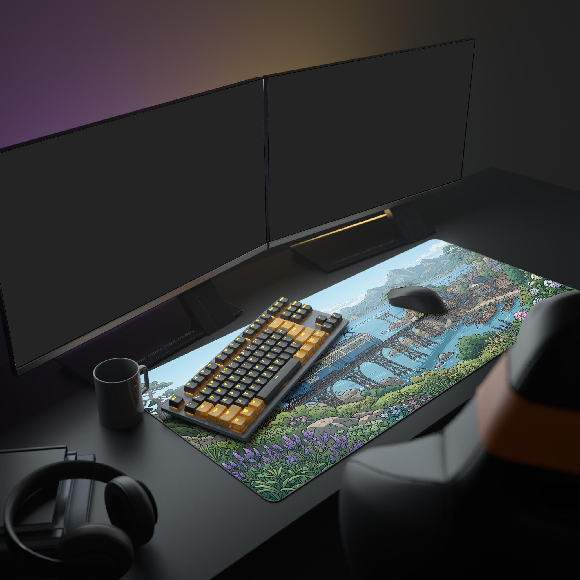 A full PC setup showcasing the Coastal Transit gaming desk mat, enhancing the desk aesthetic with its serene Japanese coastal landscape design below a large monitor. - Epic Design Pads & Mousepads