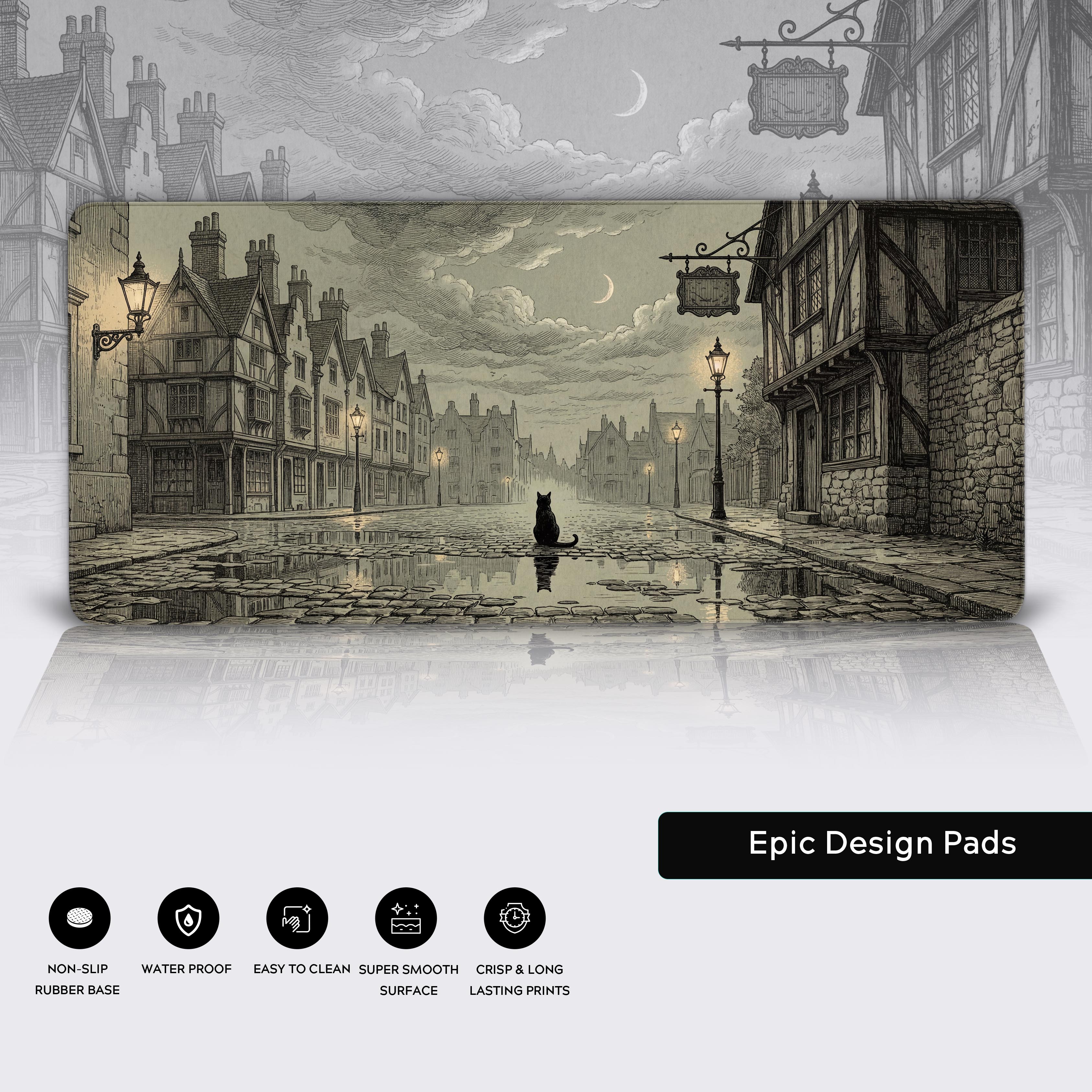 Features of the vintage cat desk mat highlighting non-slip base, waterproof surface, and crisp lasting prints
