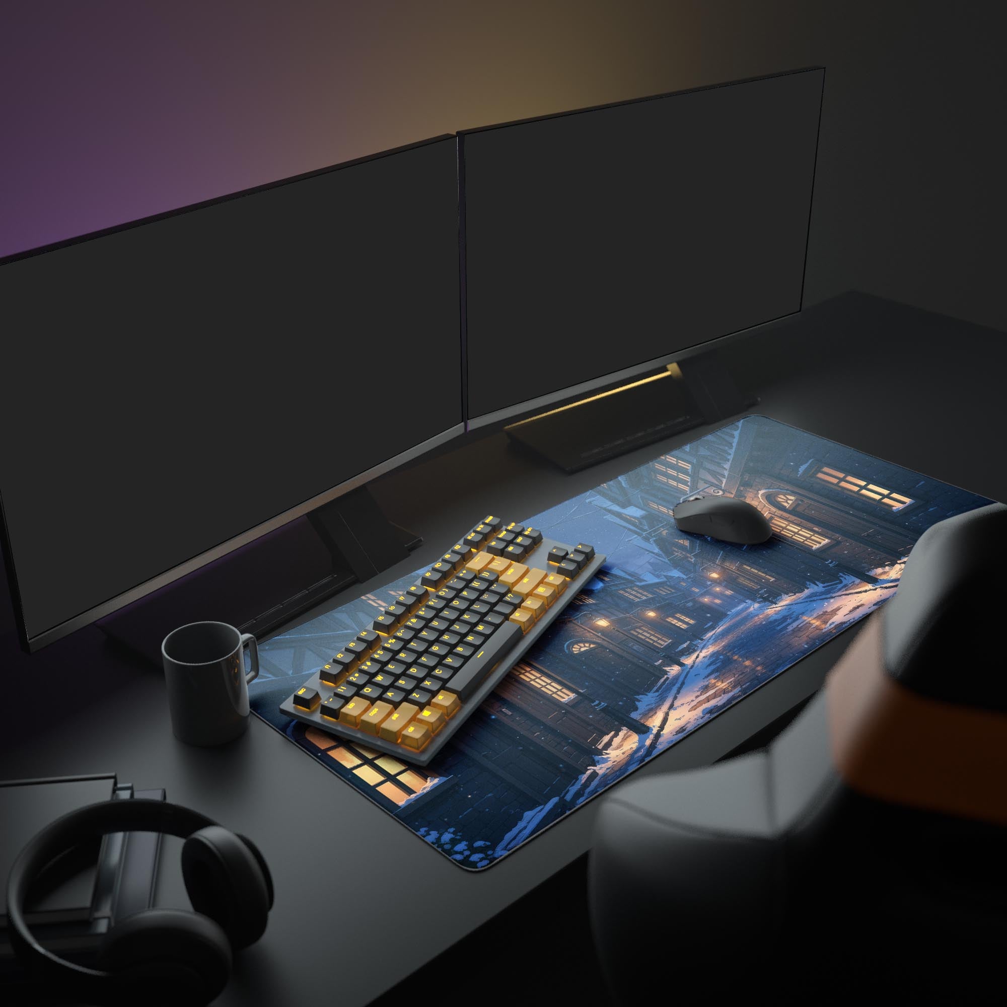 Large Cobblestone Winter desk mat featured in a cozy office setup with dual monitors, a mechanical keyboard, headphones, and a warm lamp. - Epic Design Pads