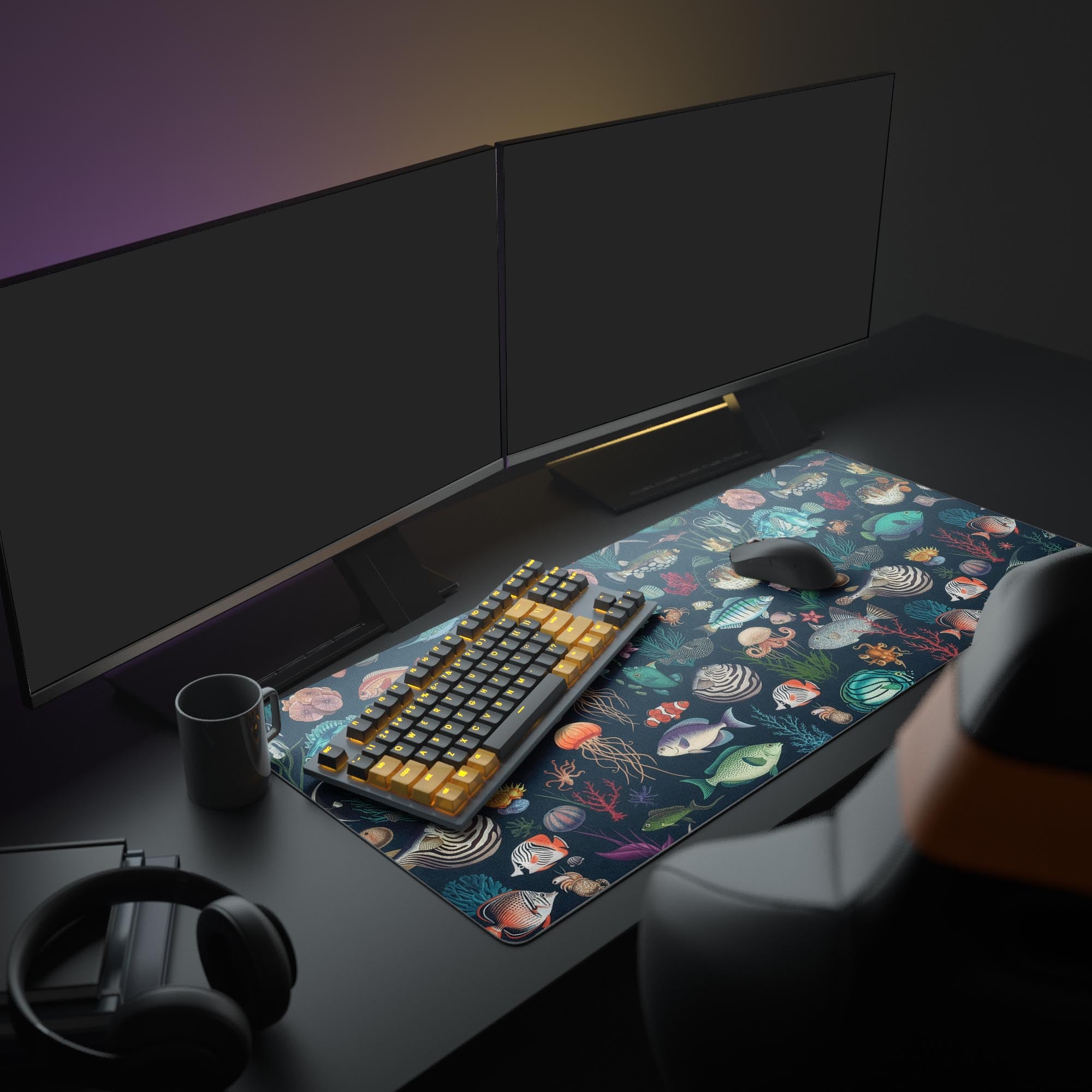 Large Coral Realm ocean pattern mouse pad in an aesthetic desk setup with dual monitors, headphones, and a mechanical keyboard. - Epic Design Pads
