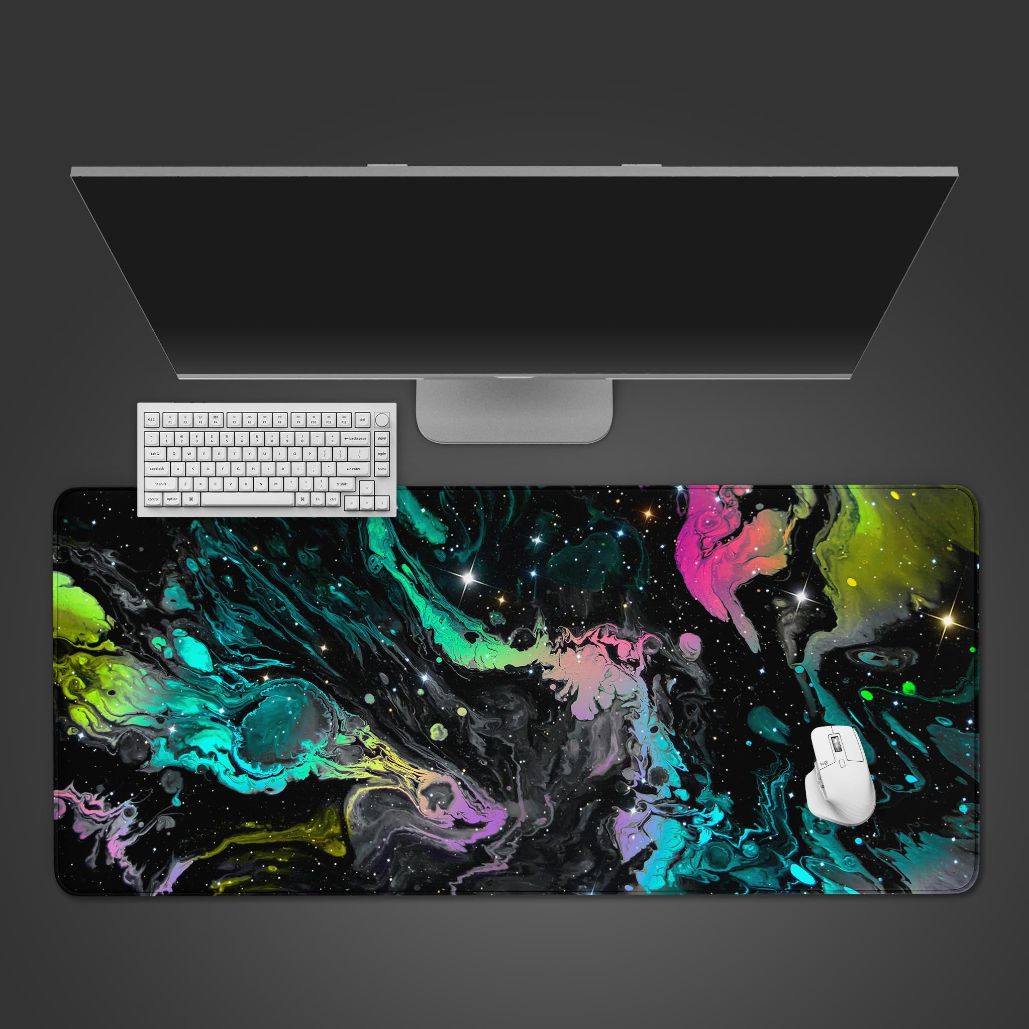 Creative desk mat with Cosmic Bloom design – top view with keyboard and mouse. - Epic Design Pads
