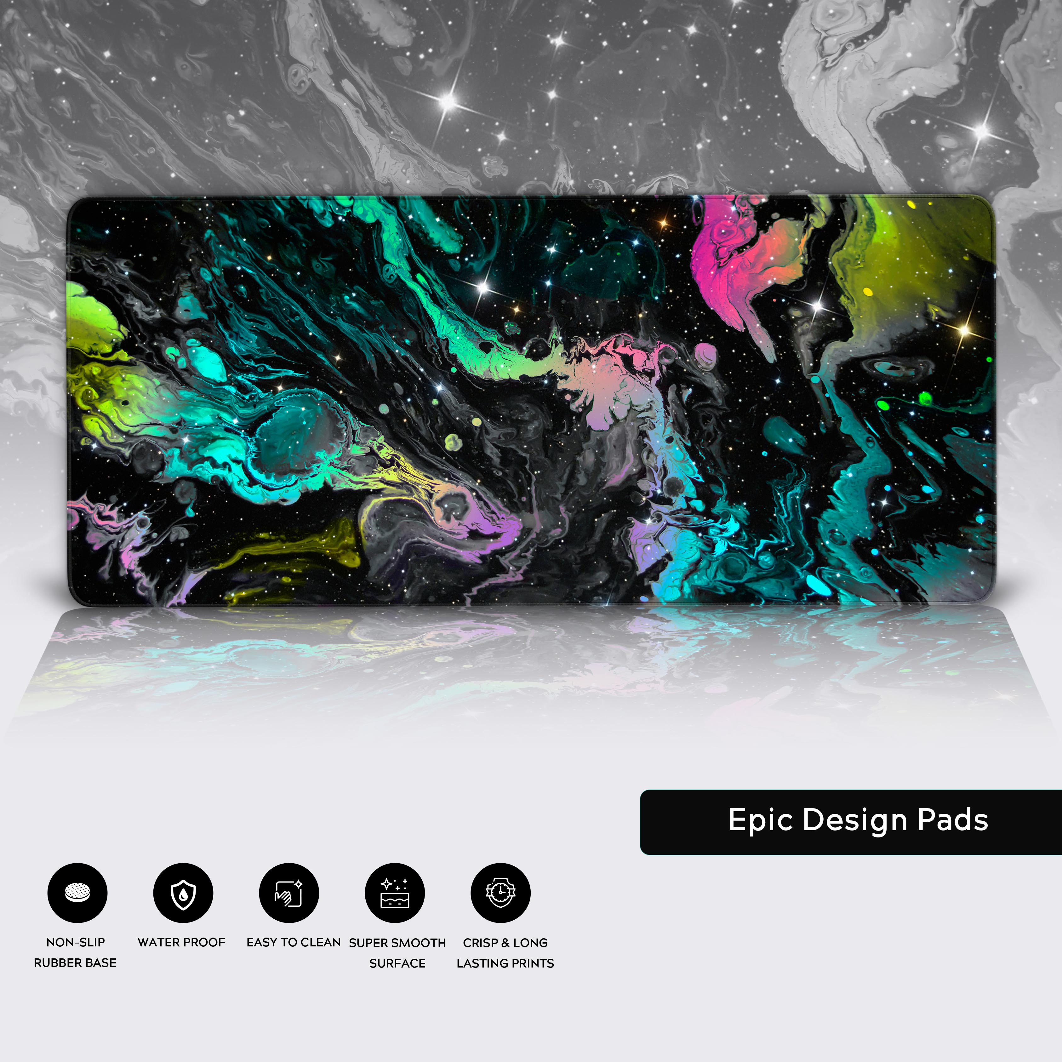 Creative desk mat with Cosmic Bloom design – fluid neon colors and non-slip base. - Epic Design Pads