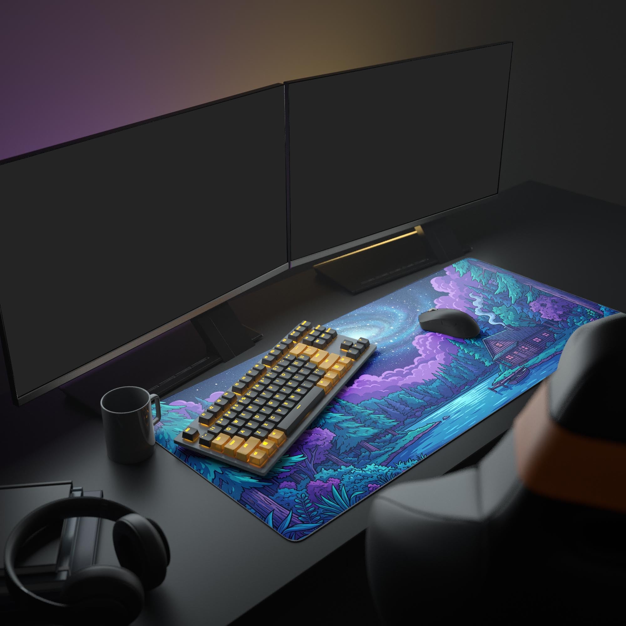 A vibrant workspace featuring the Cosmic Cabin XL mouse pad, part of a gaming setup with an illuminated keyboard and large monitor displaying the cosmic theme. - Epic Design Pads & Mousepads