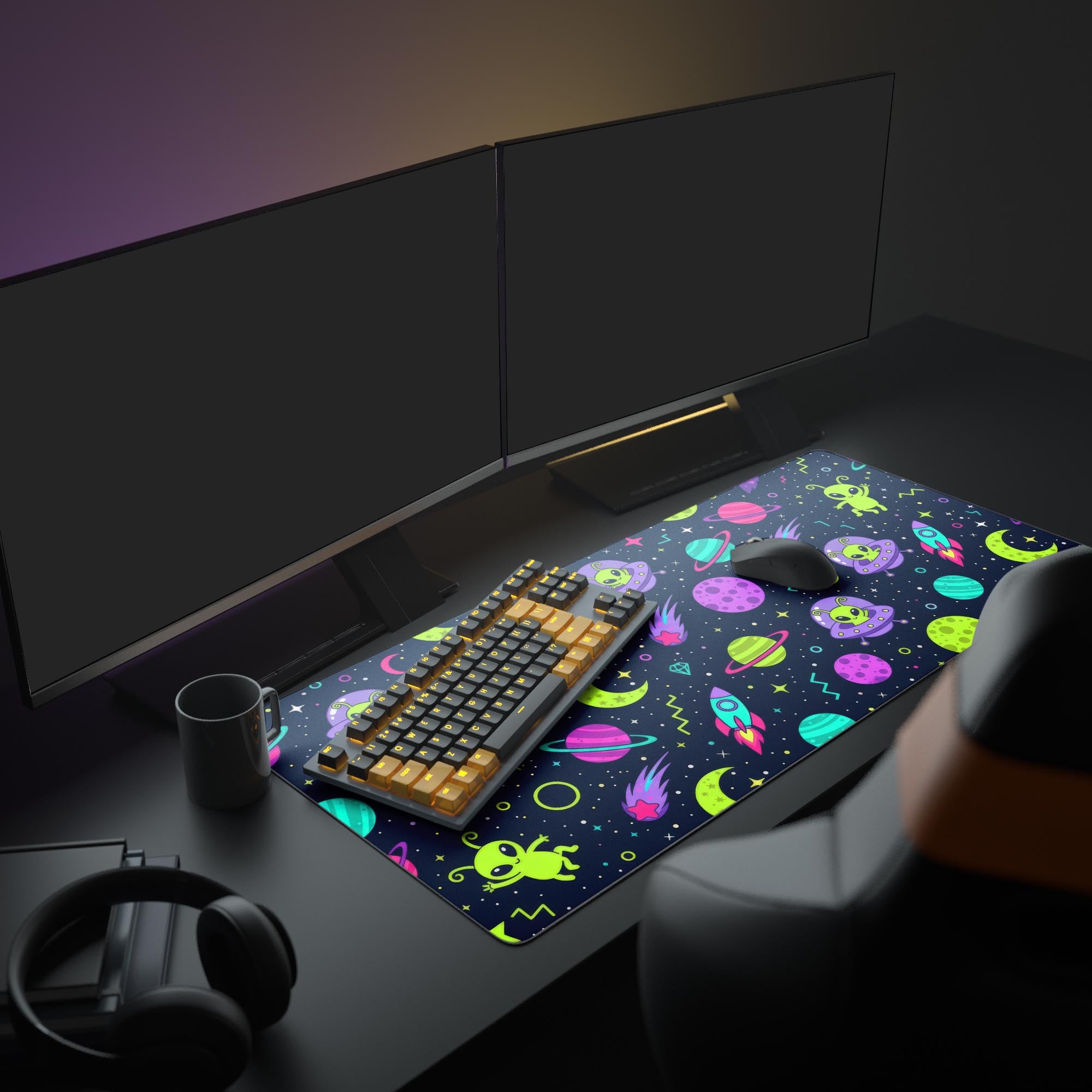 Large Cosmic Critters desk mat used in a cute gaming setup with dual monitors, headphones, and a mechanical keyboard, showcasing the vibrant design. - Epic Design Pads