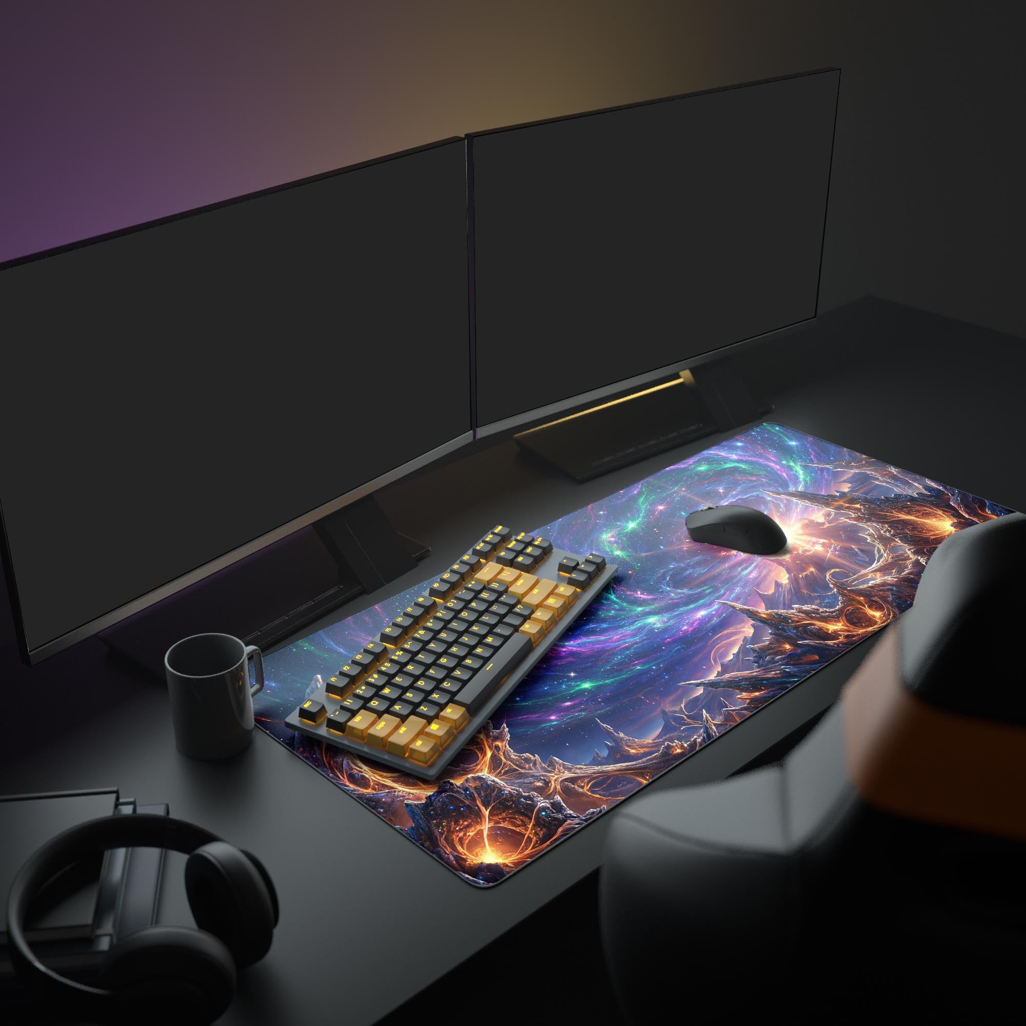 A full gaming PC setup featuring the Cosmic Genesis mouse pad, which illuminates the space with its cosmic purple and orange hues. - Epic Design Pads & Mousepads