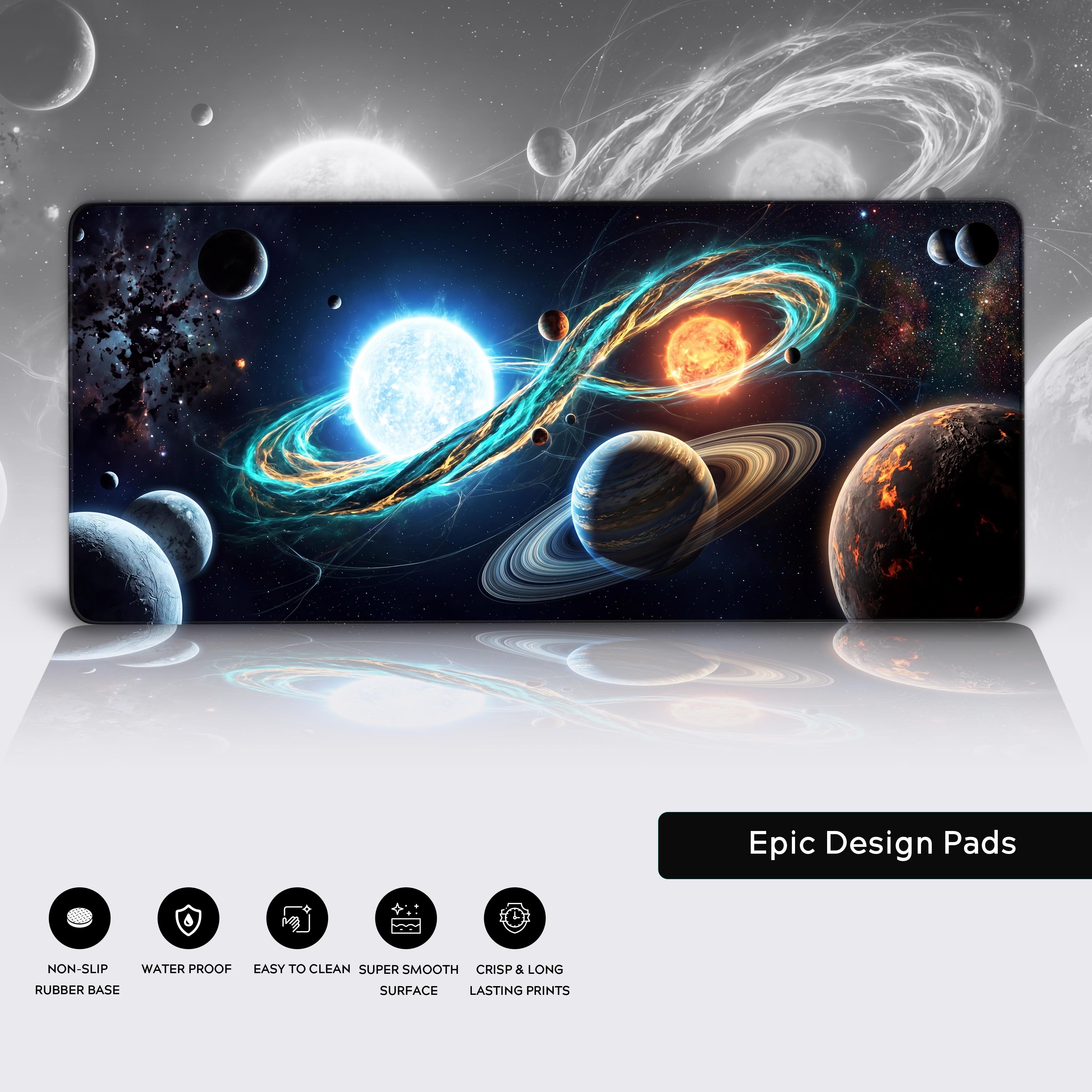 Premium water-proof desk mat showcasing a vibrant sci-fi universe