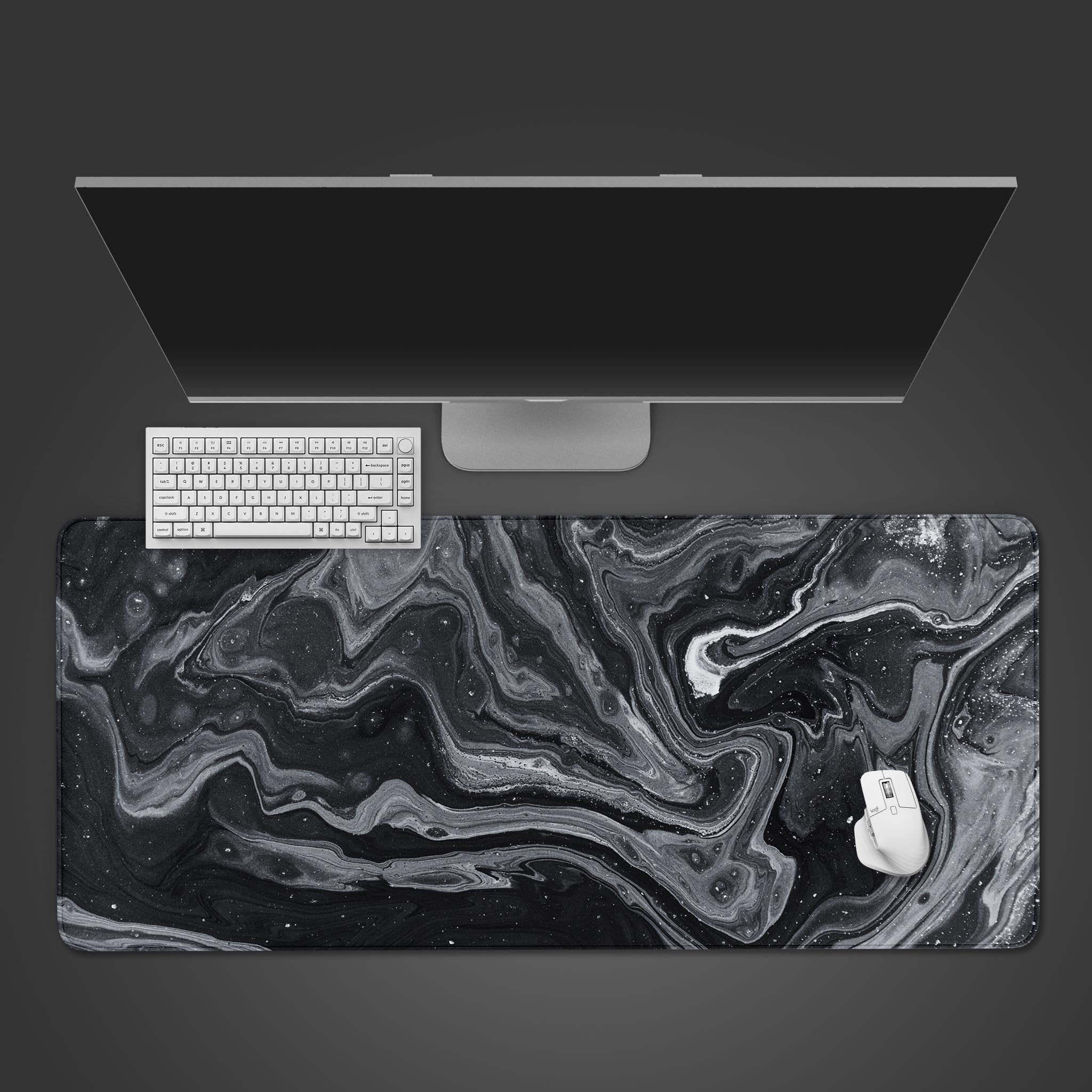 Cosmic desk mat with galactic nebula design – top view with keyboard and mouse. - Epic Design Pads