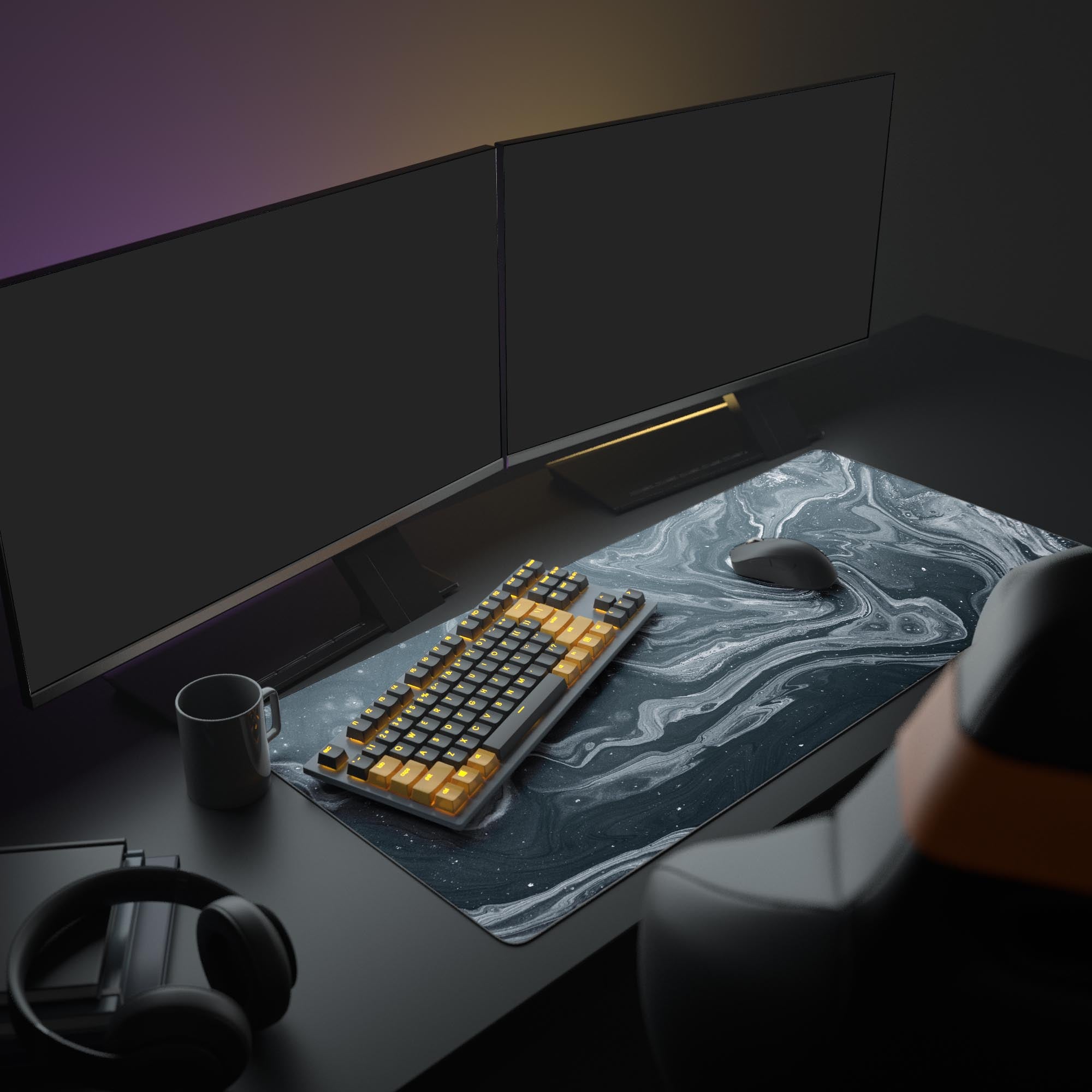 Cosmic desk mat in office setup with dual monitors and keyboard, featuring a nebula design. - Epic Design Pads