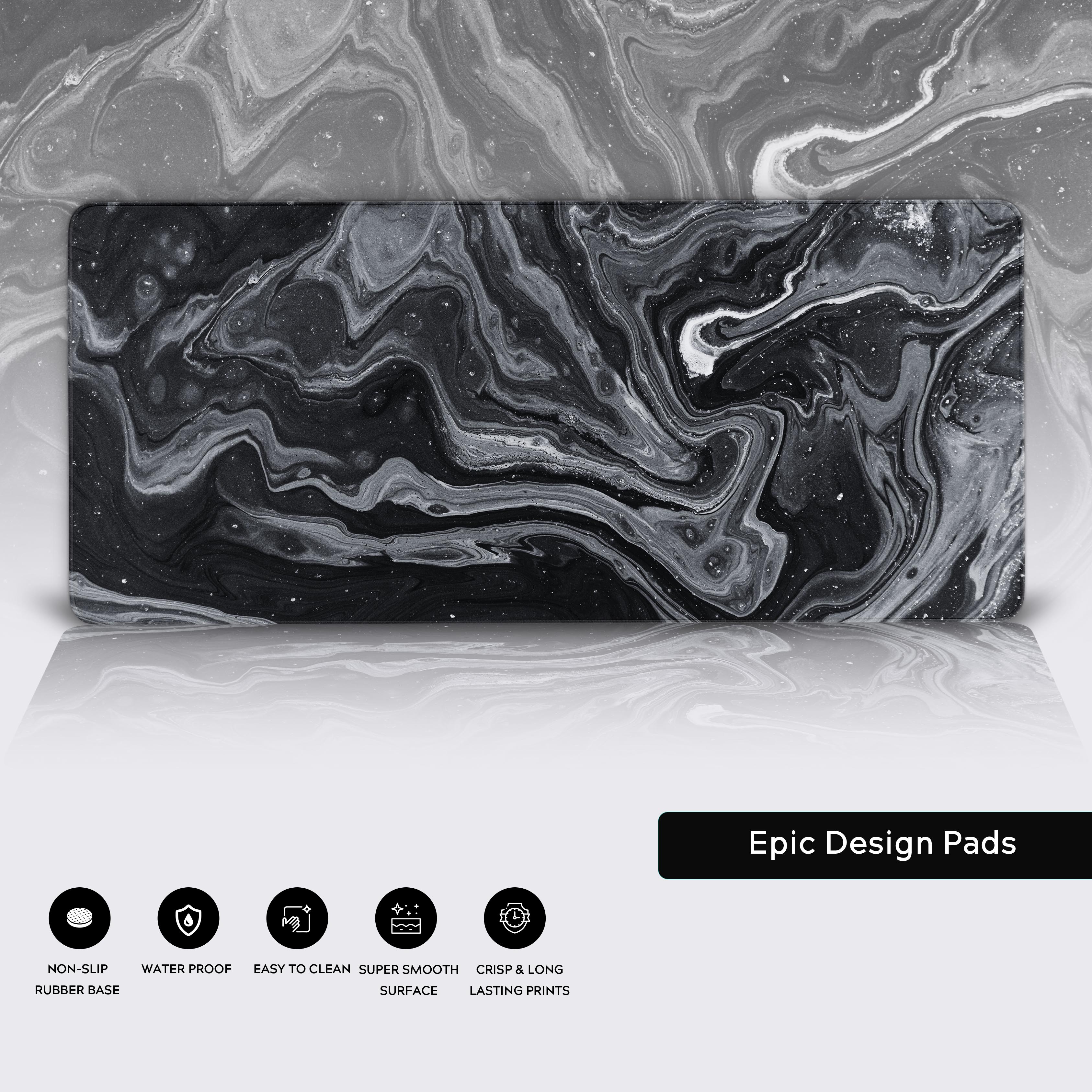 Close-up of cosmic desk mat with stitched edges, showing non-slip base and inspirational design. - Epic Design Pads