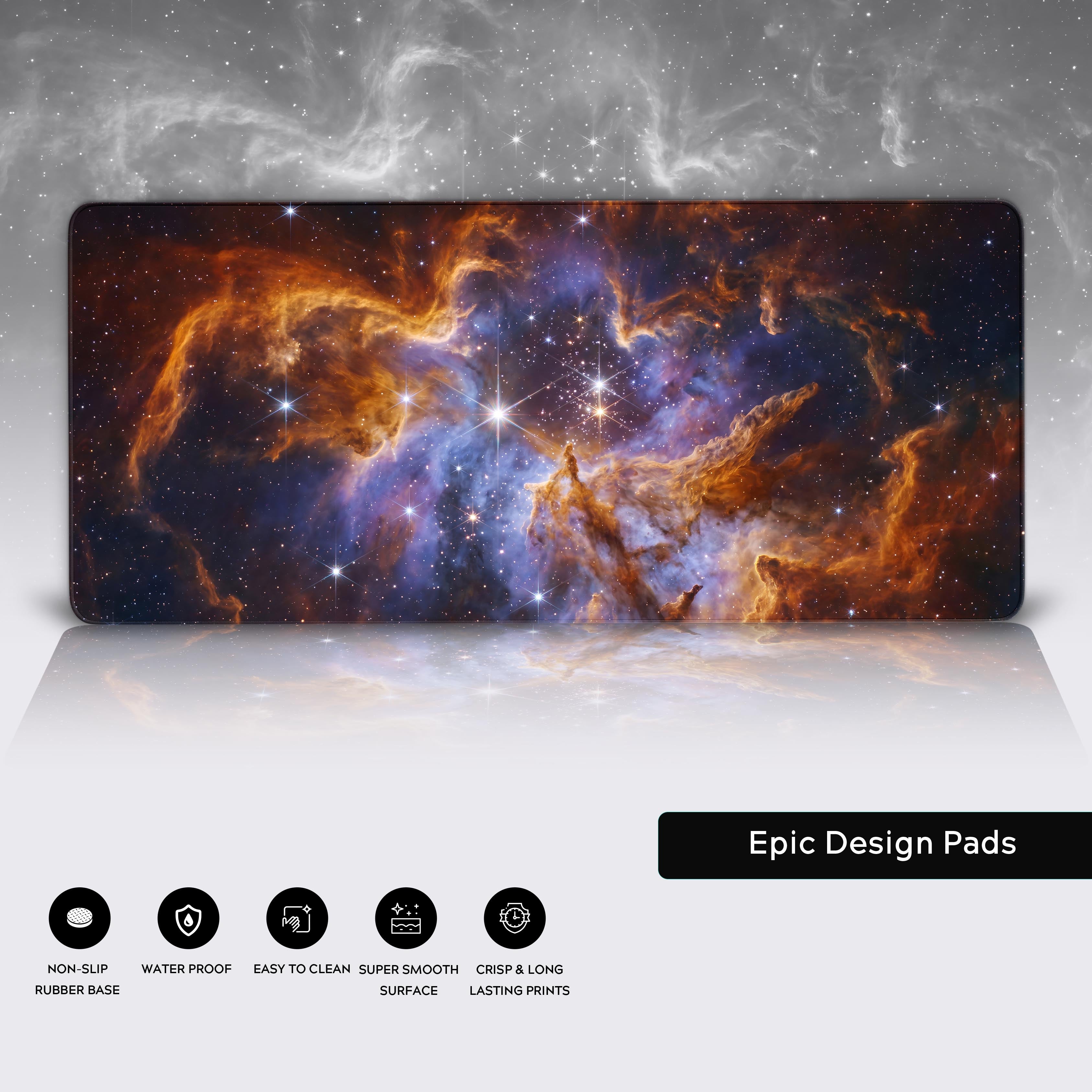 Epic Design Pads Cosmic Nebula desk mat highlighting crisp print quality and smooth surface