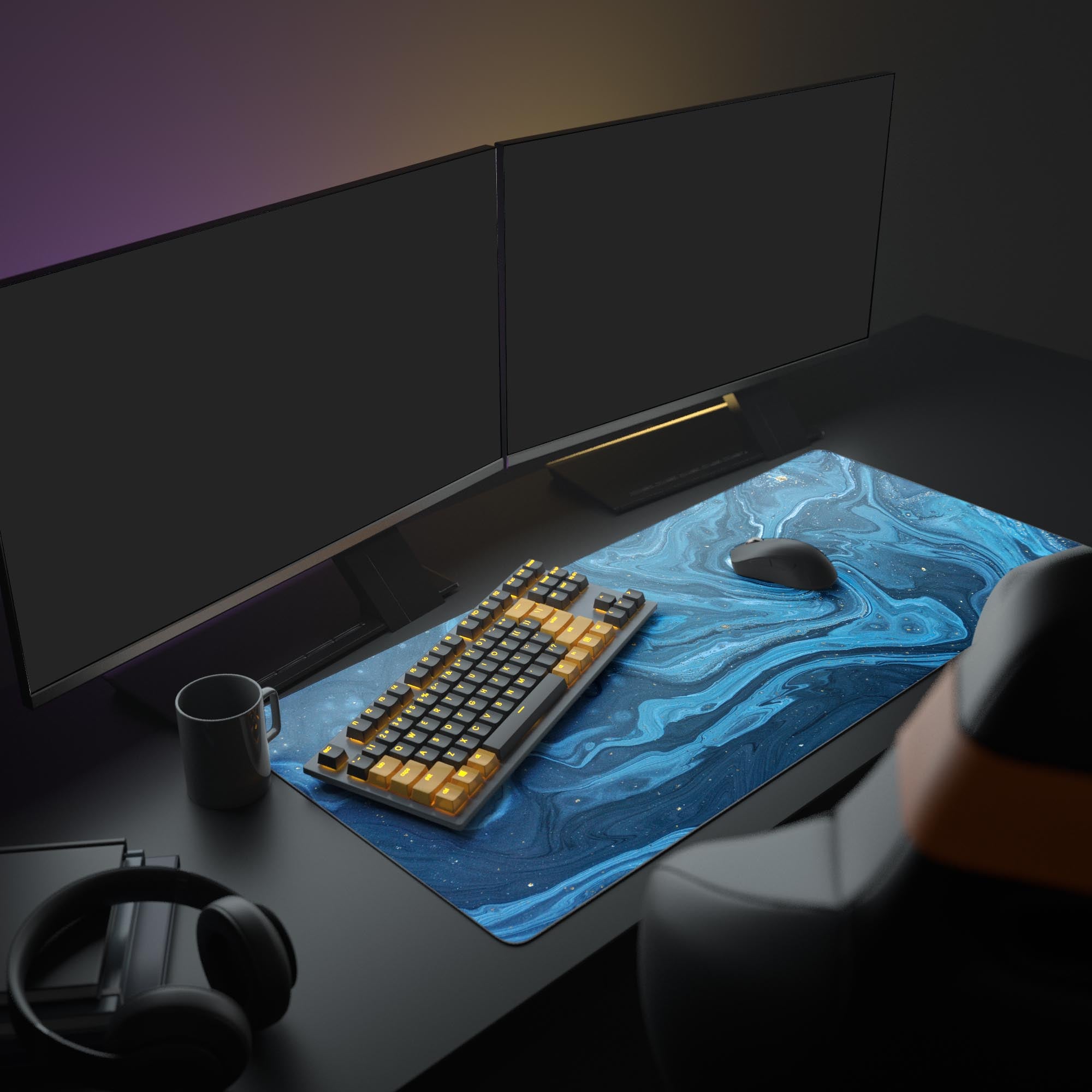 Large Cosmic Ocean desk mat featuring gold flecks – showcased in modern office setup with dual monitors. - Epic Design Pads