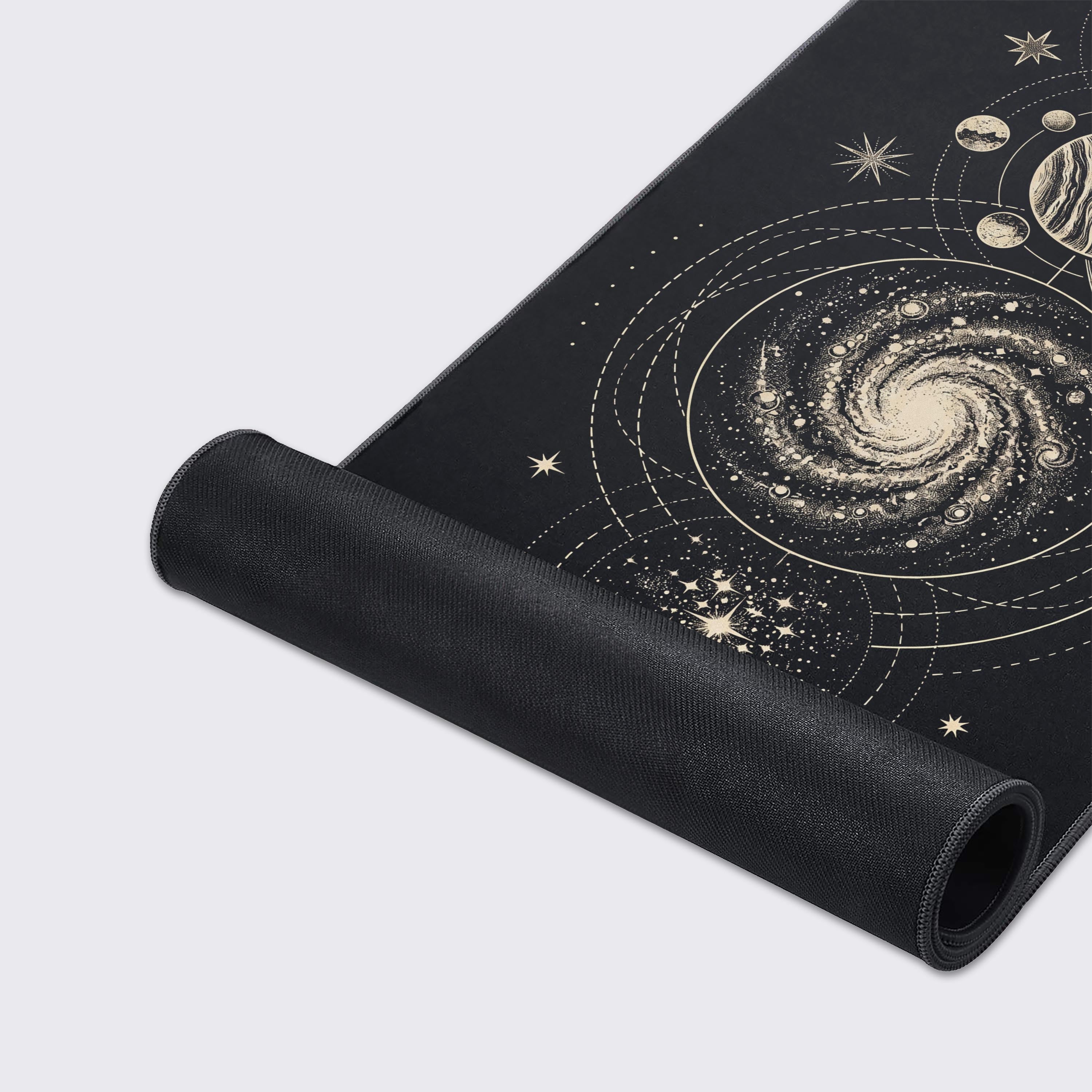 Epic Design Pads celestial map mouse pad highlighting waterproof and non-slip rubber base features.