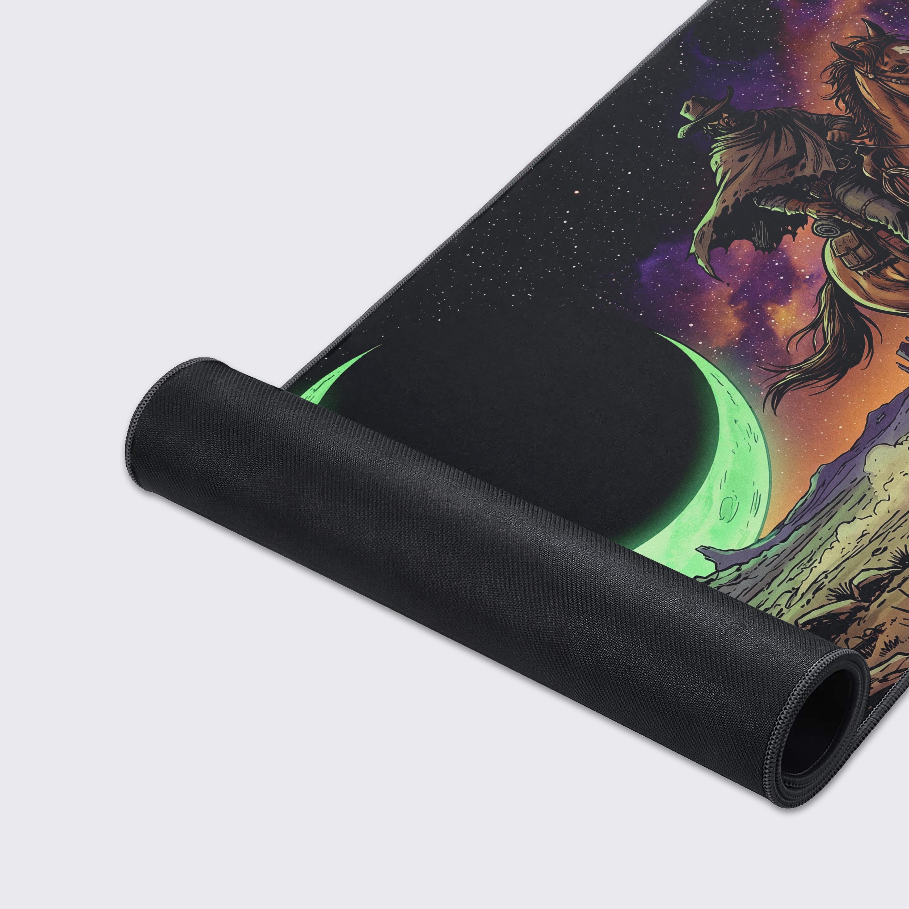 A glowing green crescent moon and starry nebula background featured on a sci-fi western desk mat.