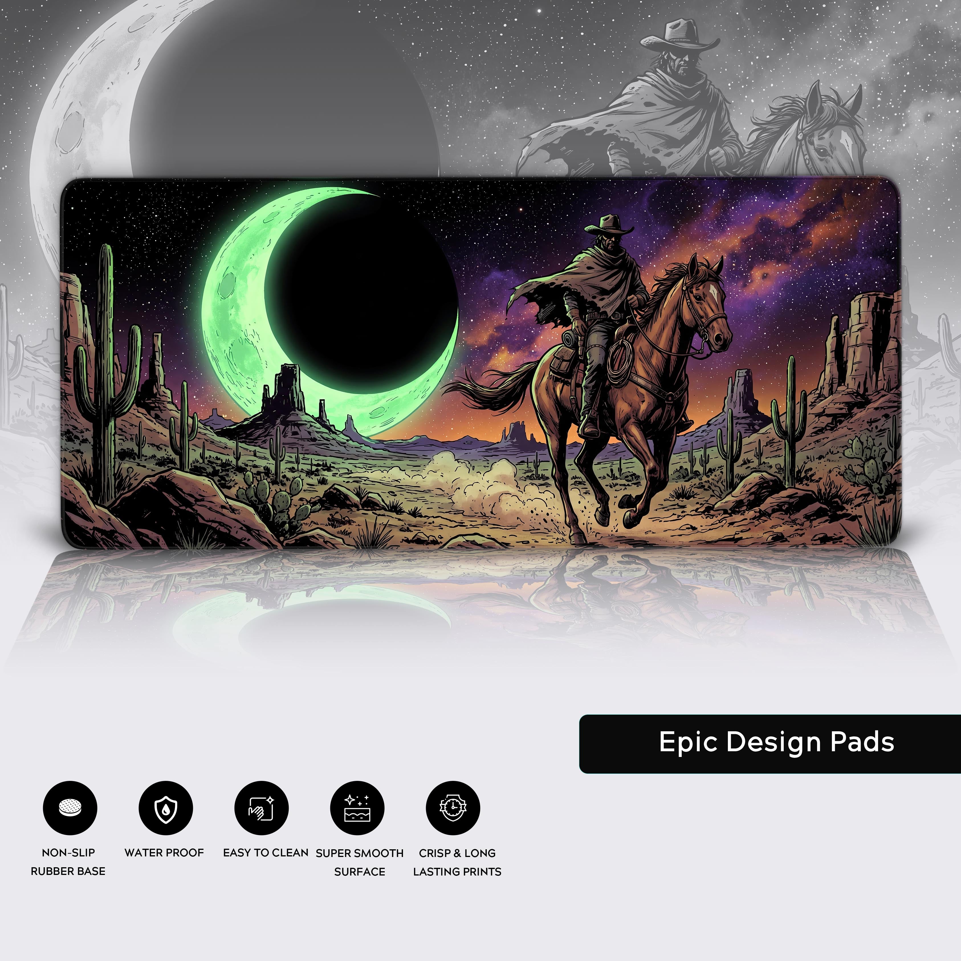 Feature breakdown of the Cowboy desk mat highlighting waterproof surface, non-slip base, and easy-to-clean design.