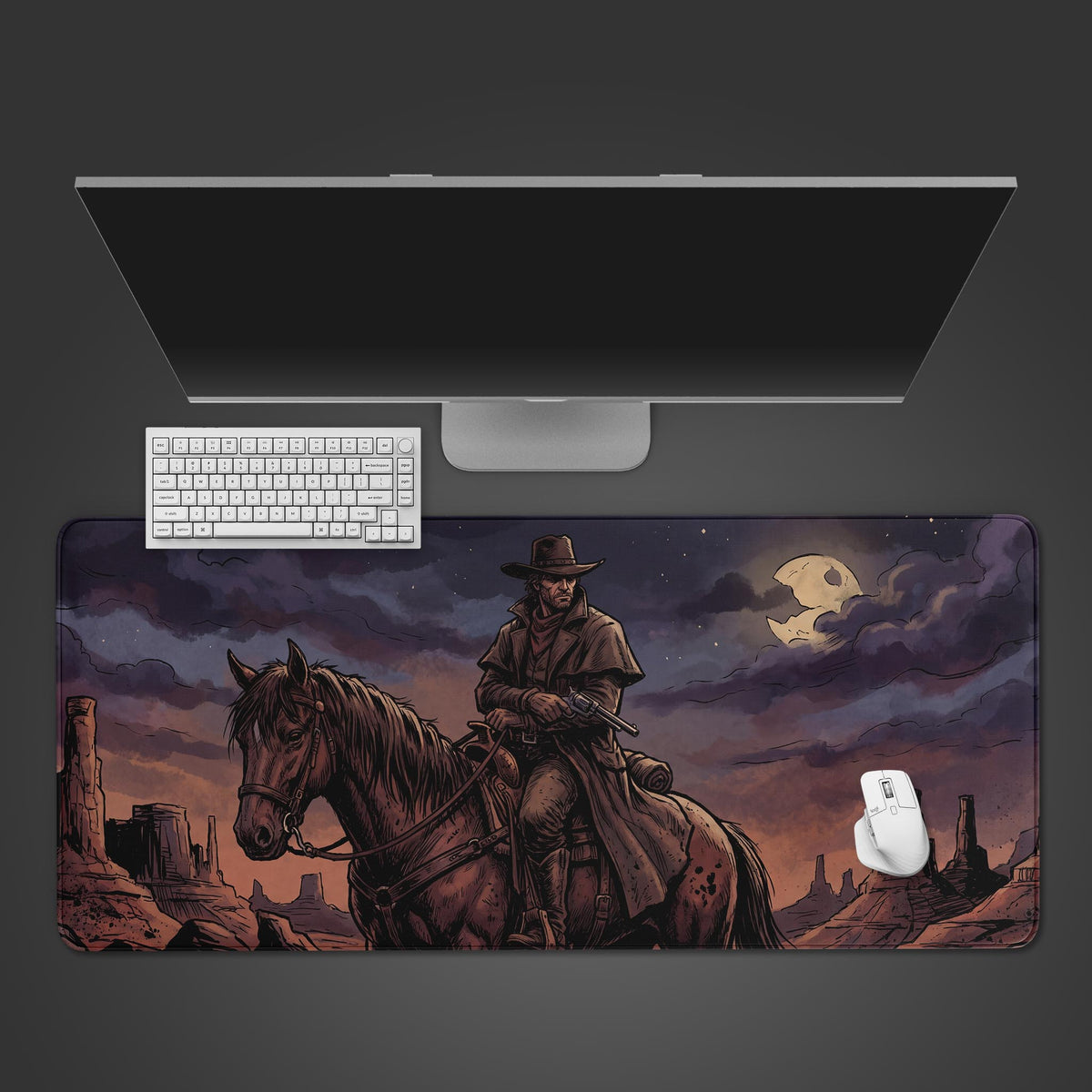 Large desk mat featuring a comic-style illustration of a cowboy riding a horse in a desert canyon at twilight.