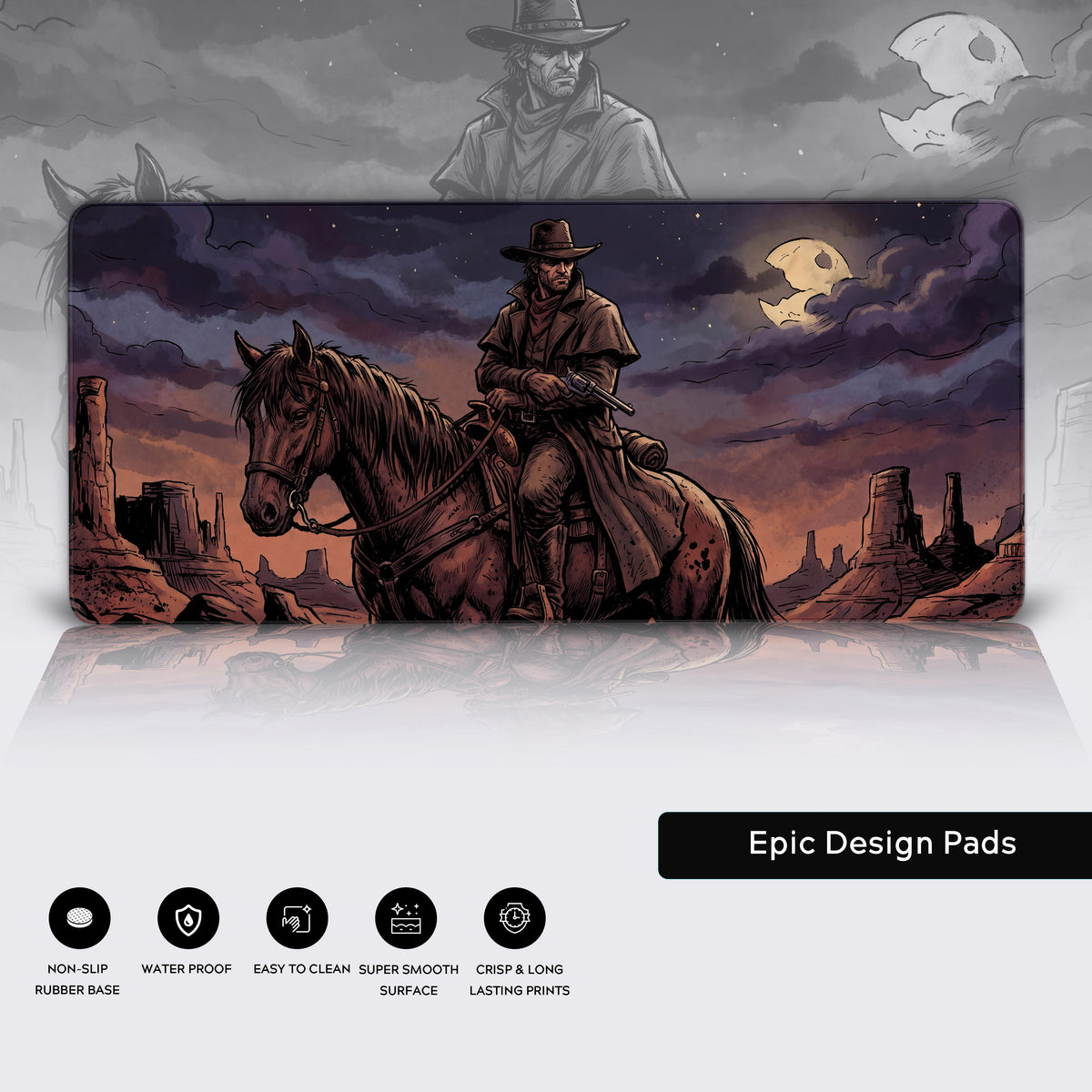 Full view of the Western cowboy desk mat showing the rugged landscape and product feature icons at the bottom.