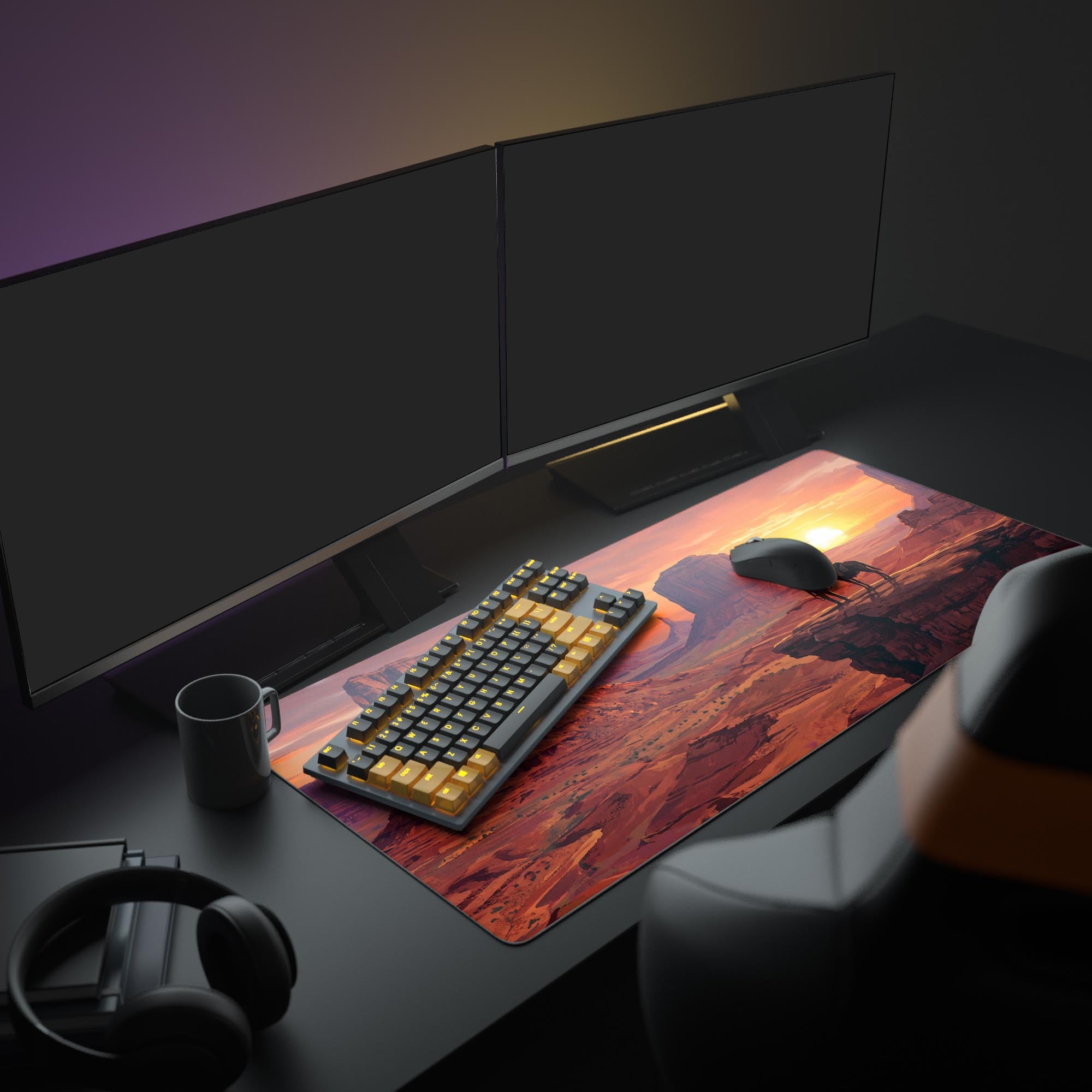 Close-up of the desk mat artwork showing towering red rock formations in Monument Valley.