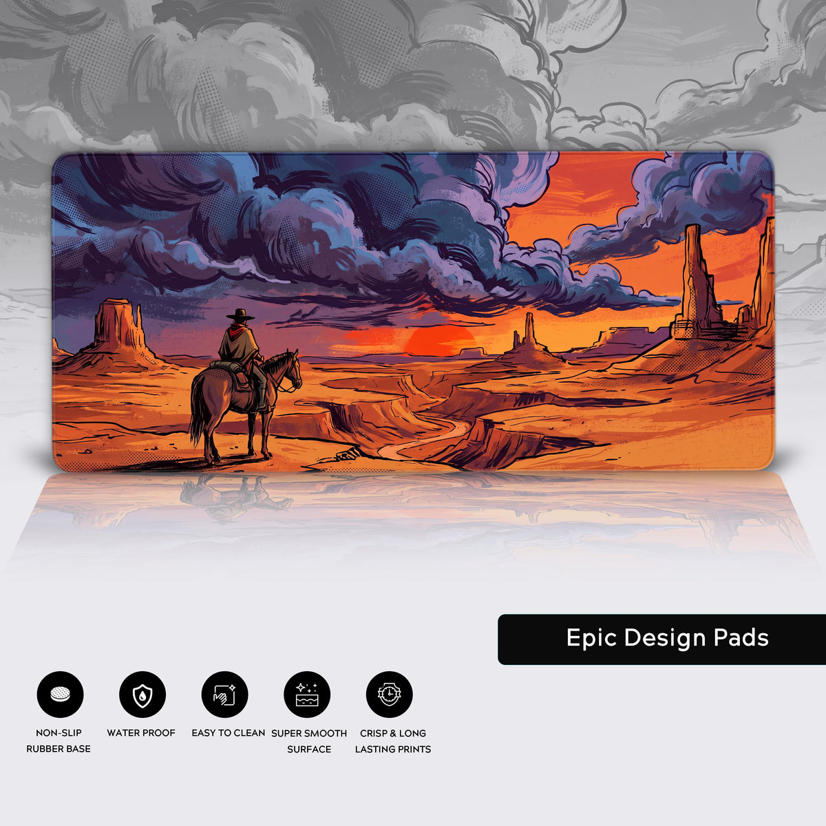 Full view of the cowboy and canyon sunset desk mat floating above a reflective surface, showcasing its vibrant comic book art style.