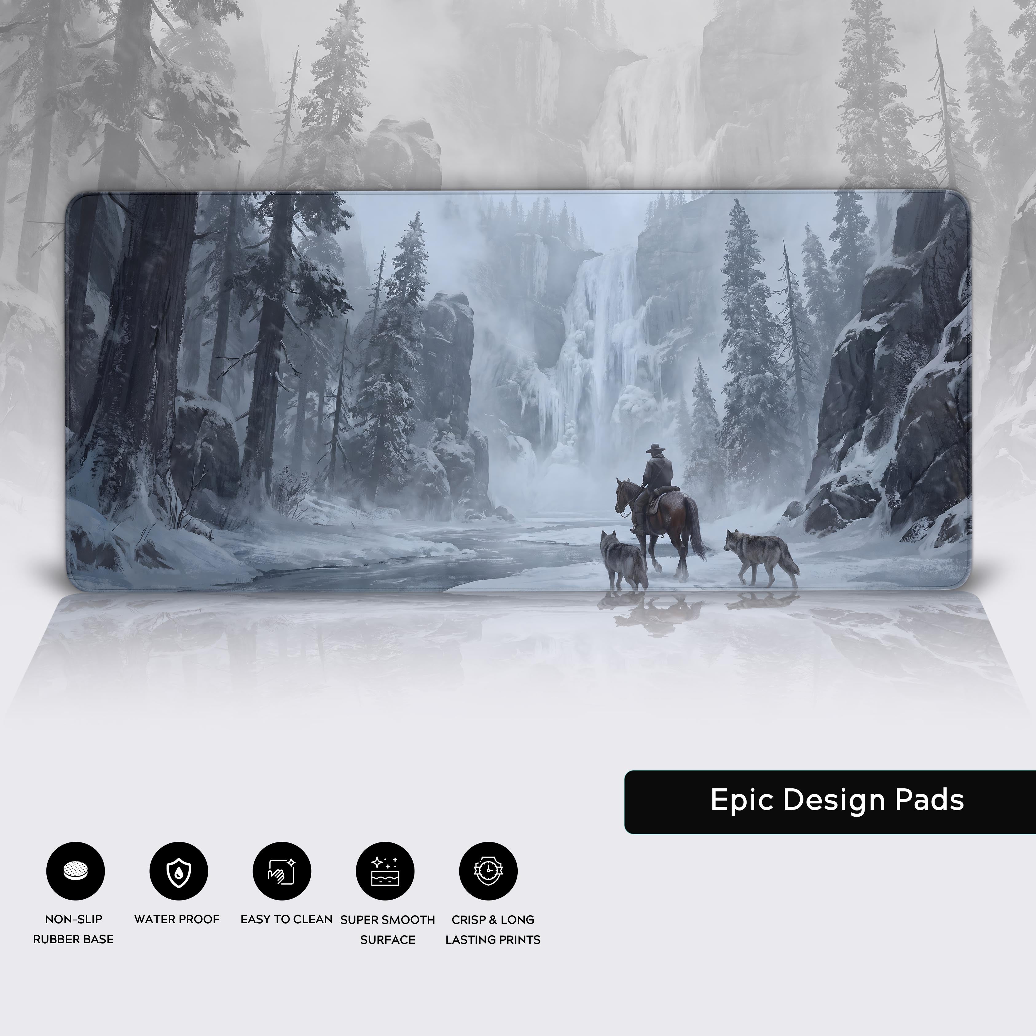 Epic Design Pads feature banner below the winter wilderness desk mat showing icons for product features.