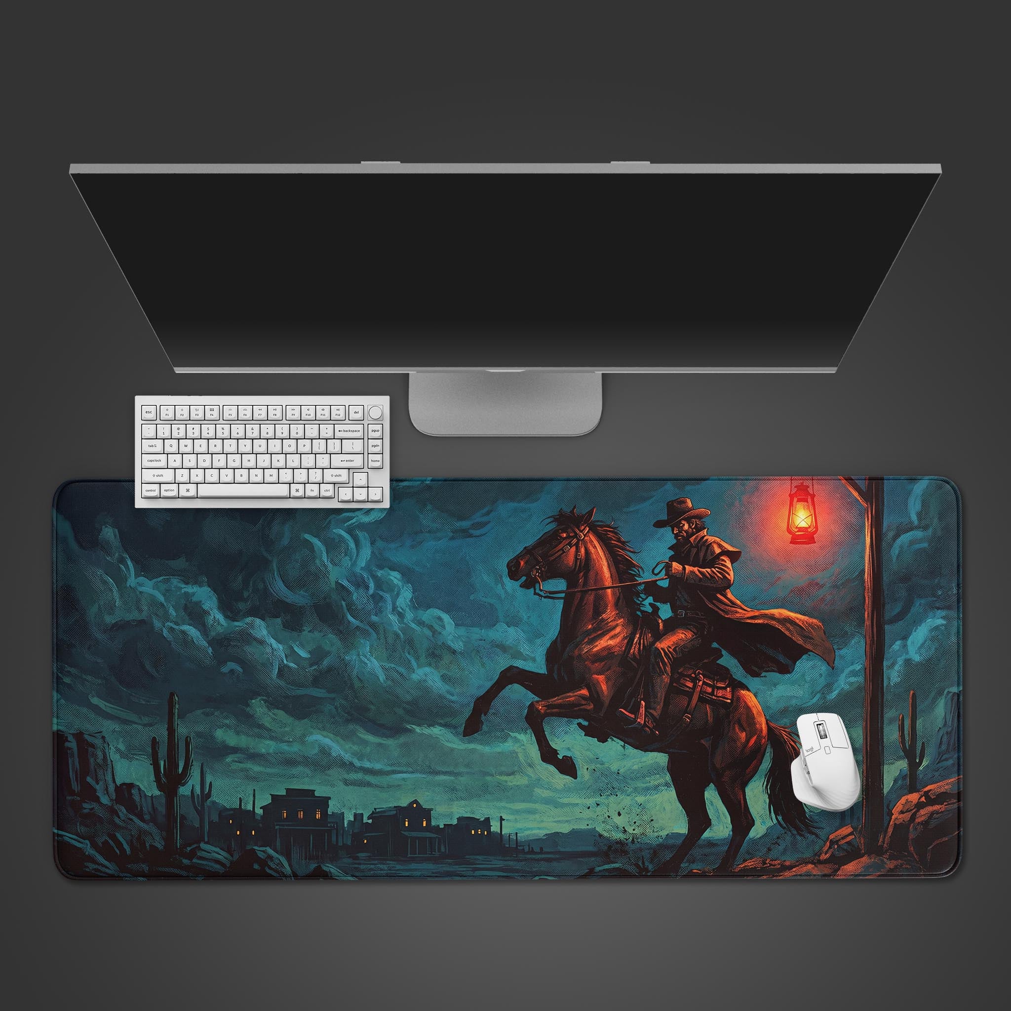 Midnight Rider western desk mat featuring a cowboy on a rearing horse at night