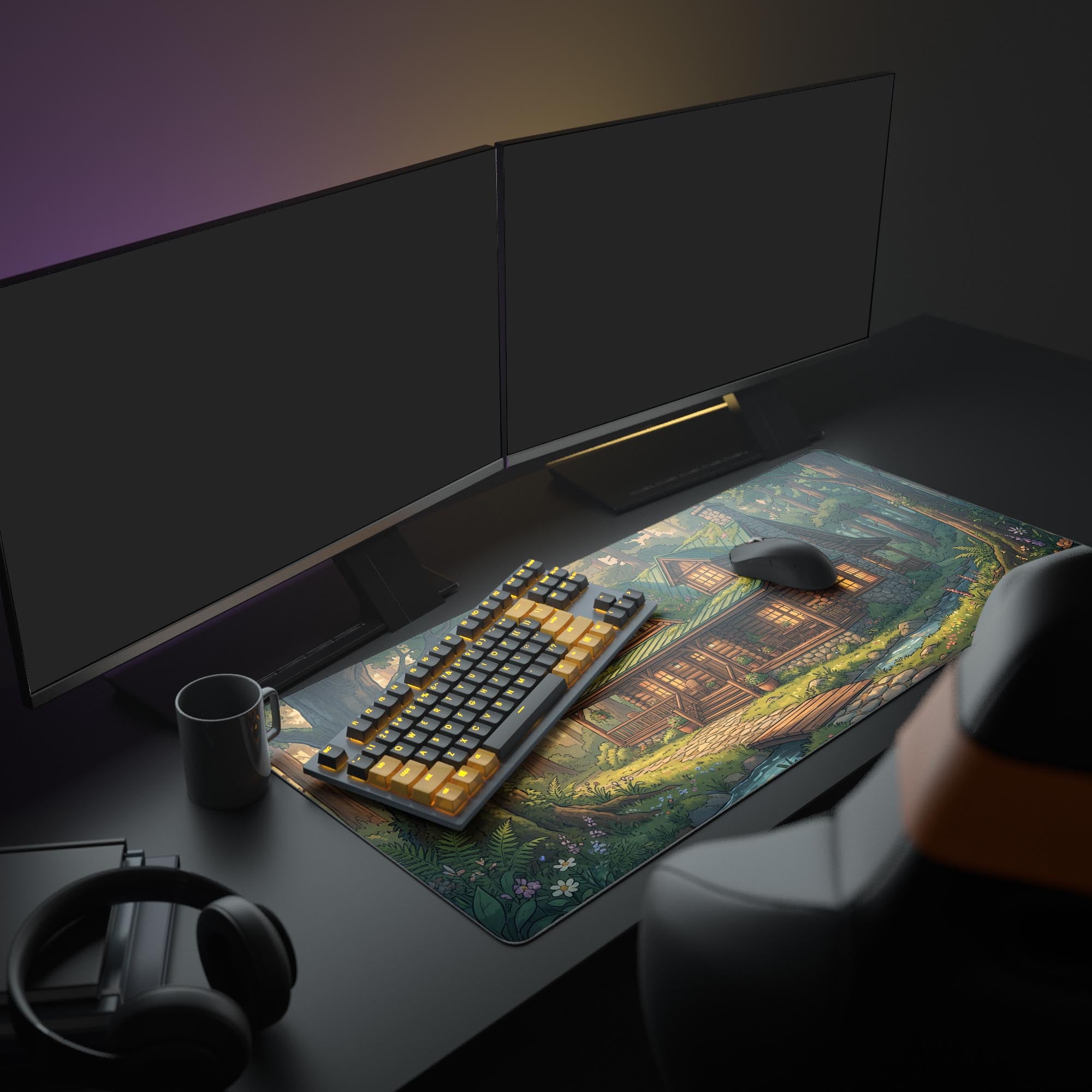 Large Cozy Cabin desk mat creating a cottagecore aesthetic in a full desk setup with a monitor, plant, and coffee mug. - Epic Design Pads & Mousepads