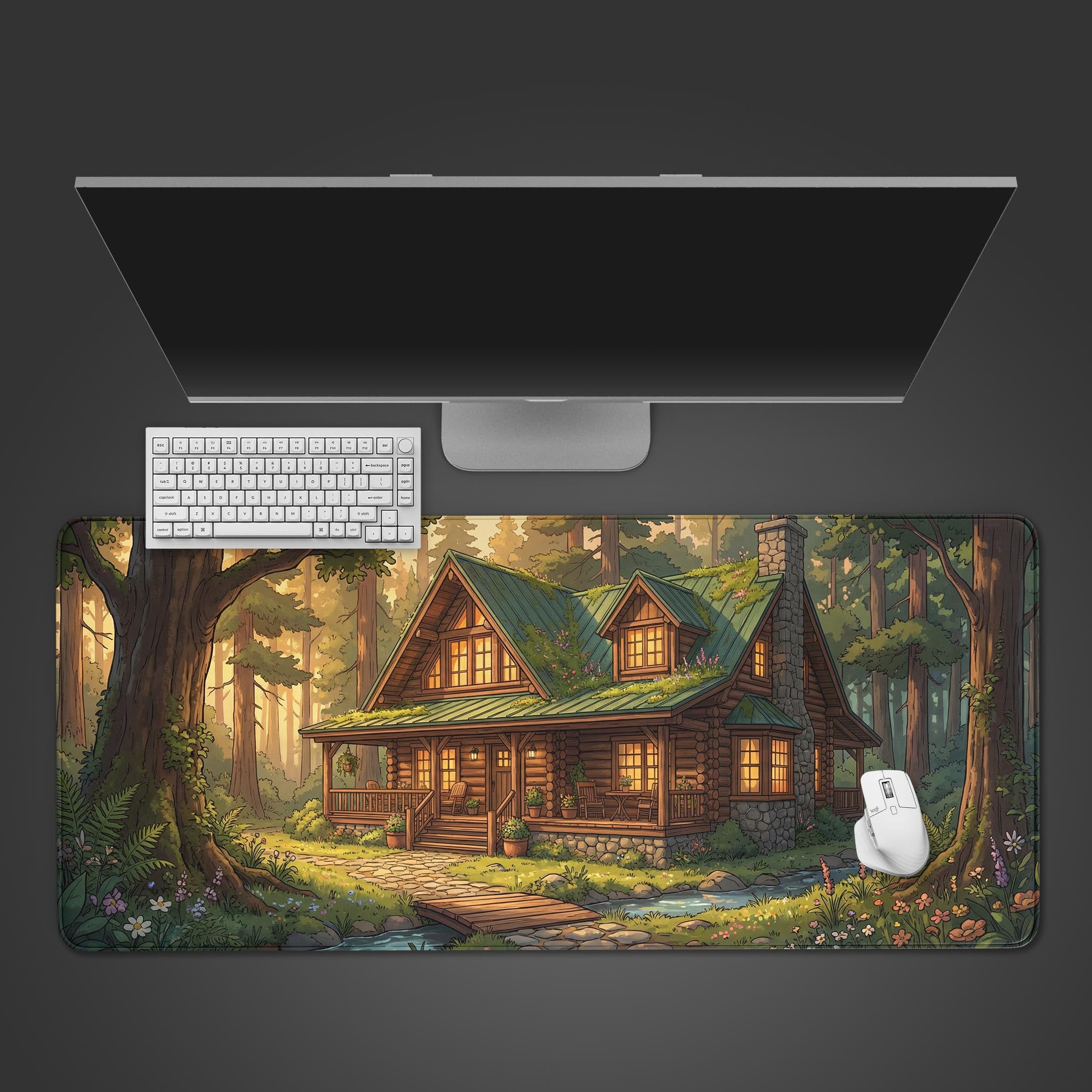 Cozy Cabin desk mat with a woodland log cabin design, shown in a top-down desktop view with a keyboard and mouse. - Epic Design Pads & Mousepads
