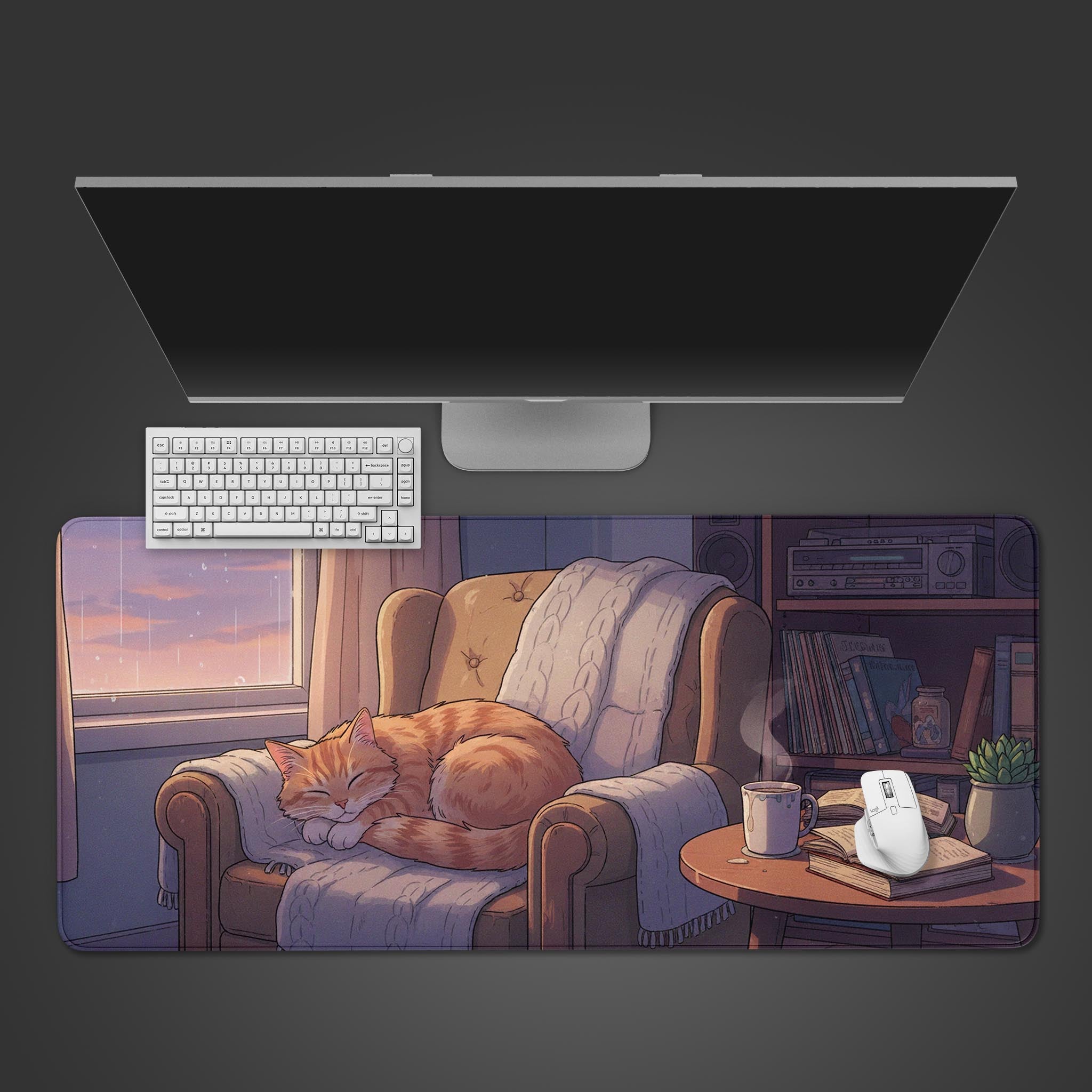 Lofi desk mat with a sleeping ginger cat and rainy window scene, shown from a top-down view with a keyboard and mouse. - Epic Design Pads