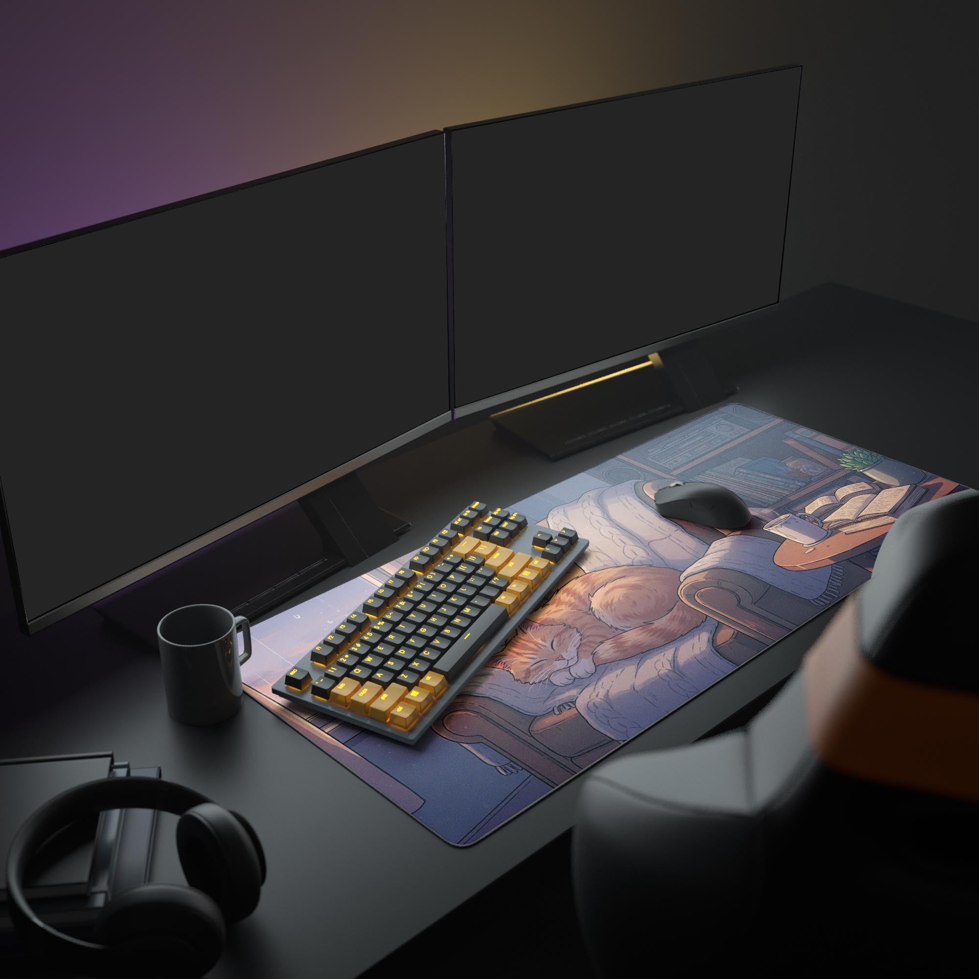 Large lofi desk mat with a cozy cat design, featured in a full desk setup with a monitor, plant, and a warm beverage. - Epic Design Pads