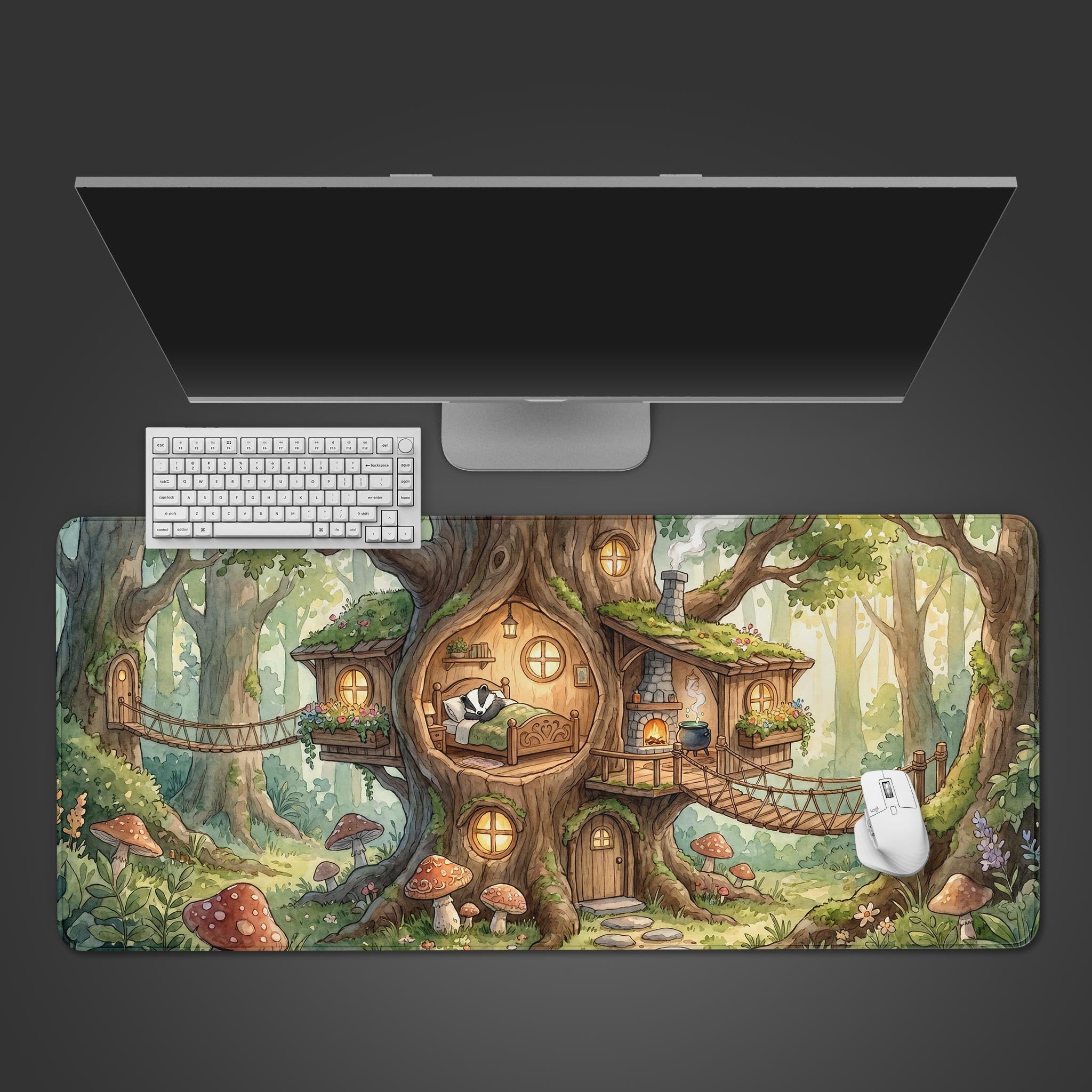 Cozy watercolor treehouse desk mat featuring a sleeping badger and glowing windows