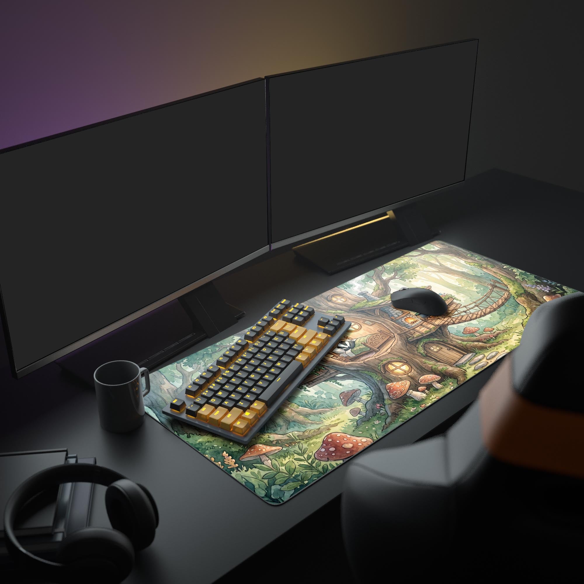 Detailed view of the whimsical forest treehouse design on a large gaming mouse pad