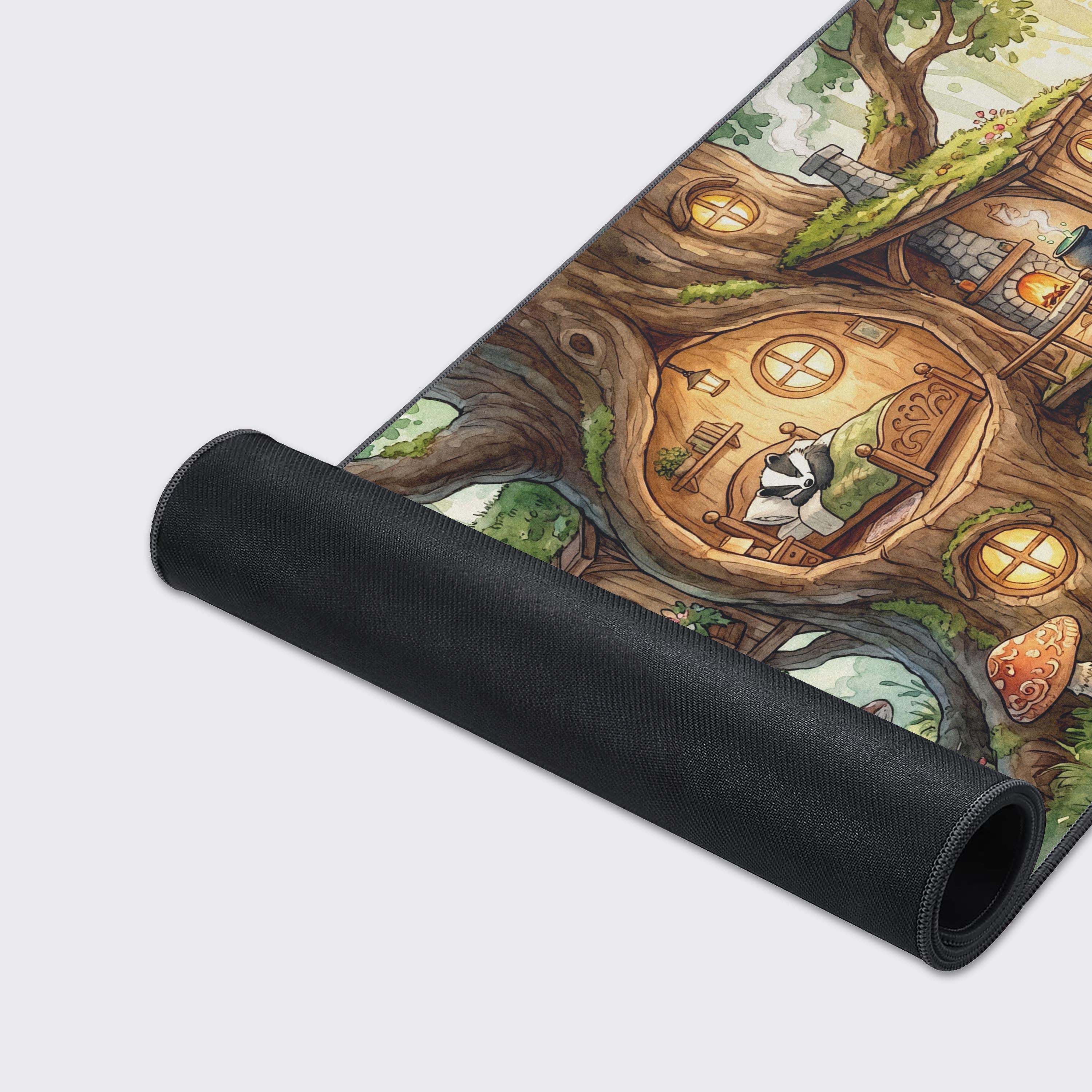 Desk mat surface showcasing crisp, long-lasting prints of mushrooms and woodland cottagecore aesthetics
