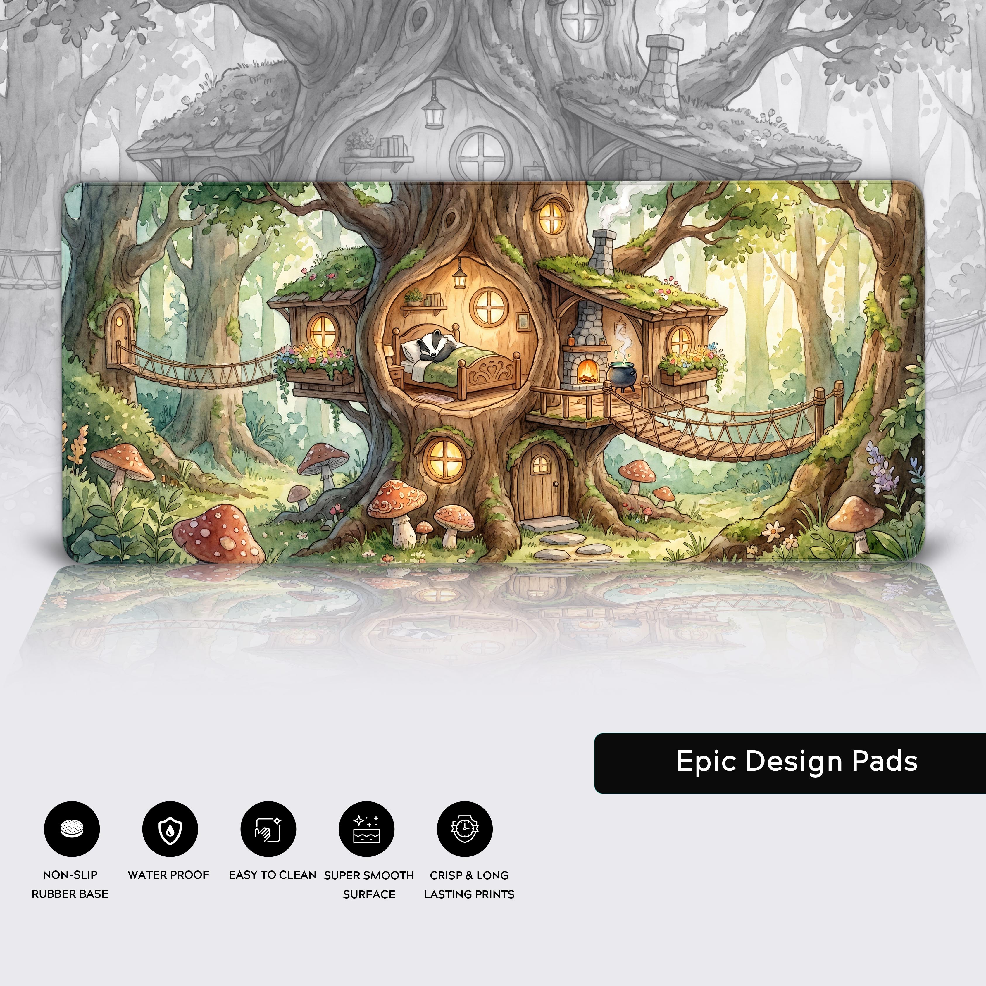 Features of the Cozy Treehouse desk mat including waterproof surface and non-slip rubber base icons