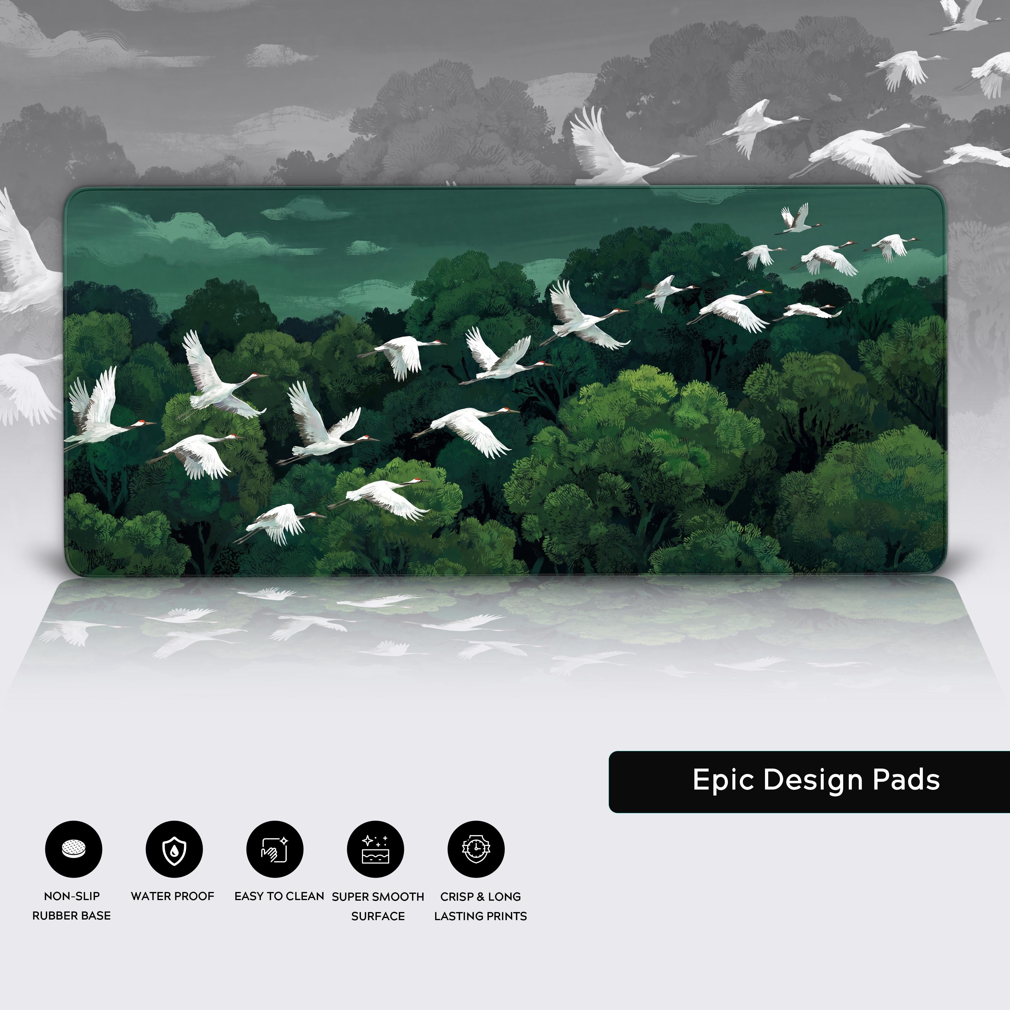 A stunning nature-themed desk mat showcasing traditional wildlife art with flying birds and deep emerald green woods.