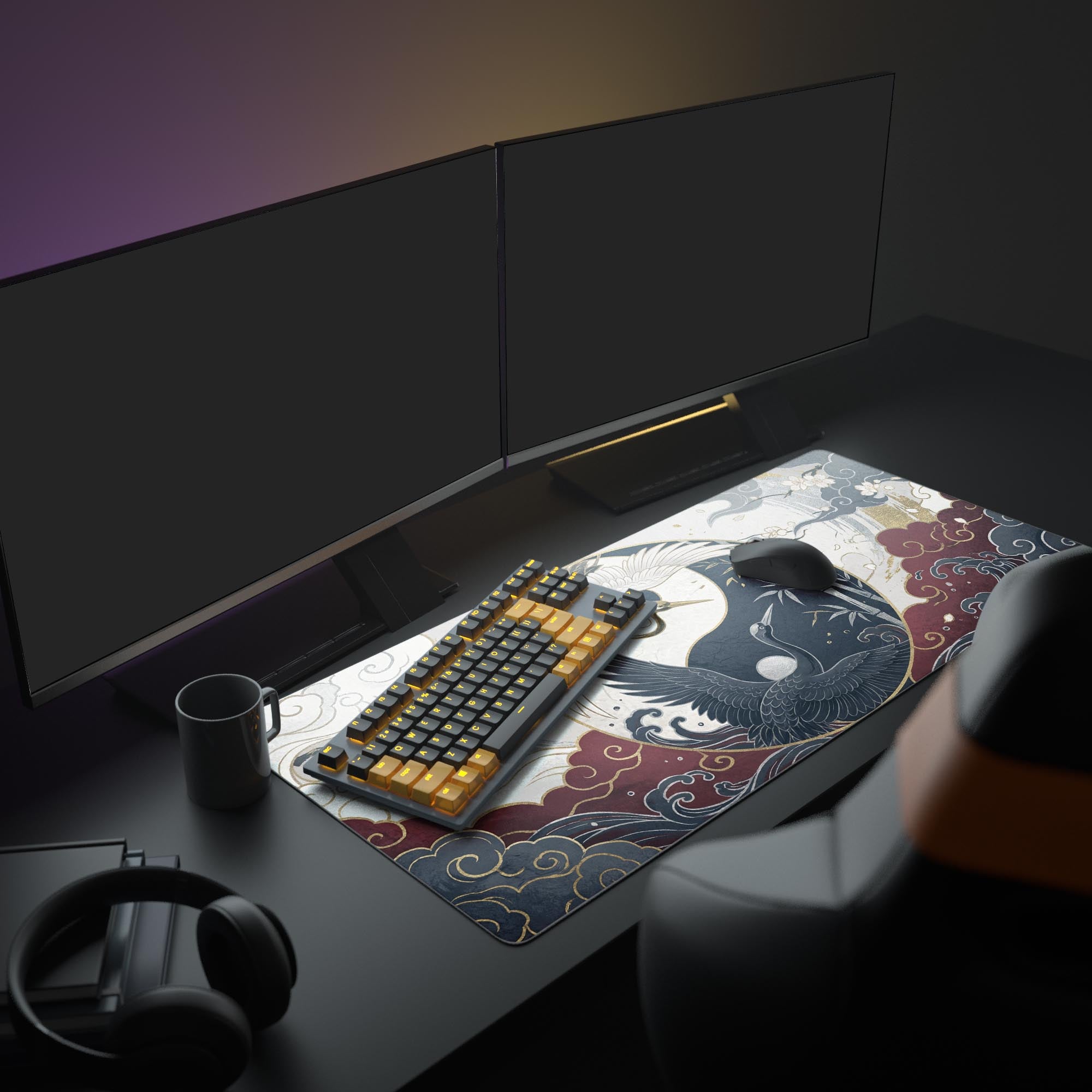 Large Japanese desk mat featuring the Crane's Harmony design in a complete desk setup with dual monitors and headphones, creating a zen workspace. - Epic Design Pads & Mousepads