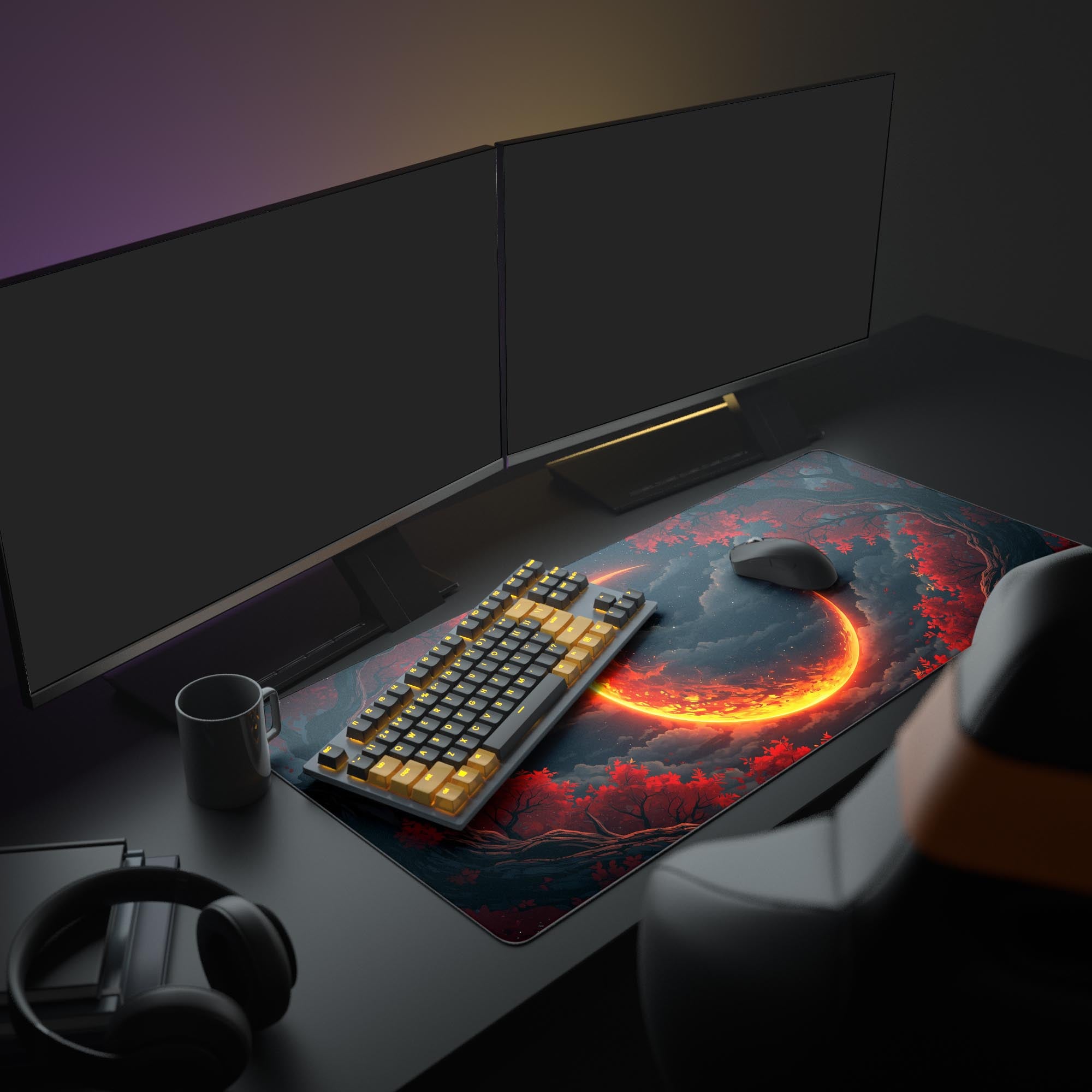 Large Molten Heart gaming desk mat with lava design, featured in a complete gaming setup with dual monitors and RGB lighting. - Epic Design Pads & Mousepads