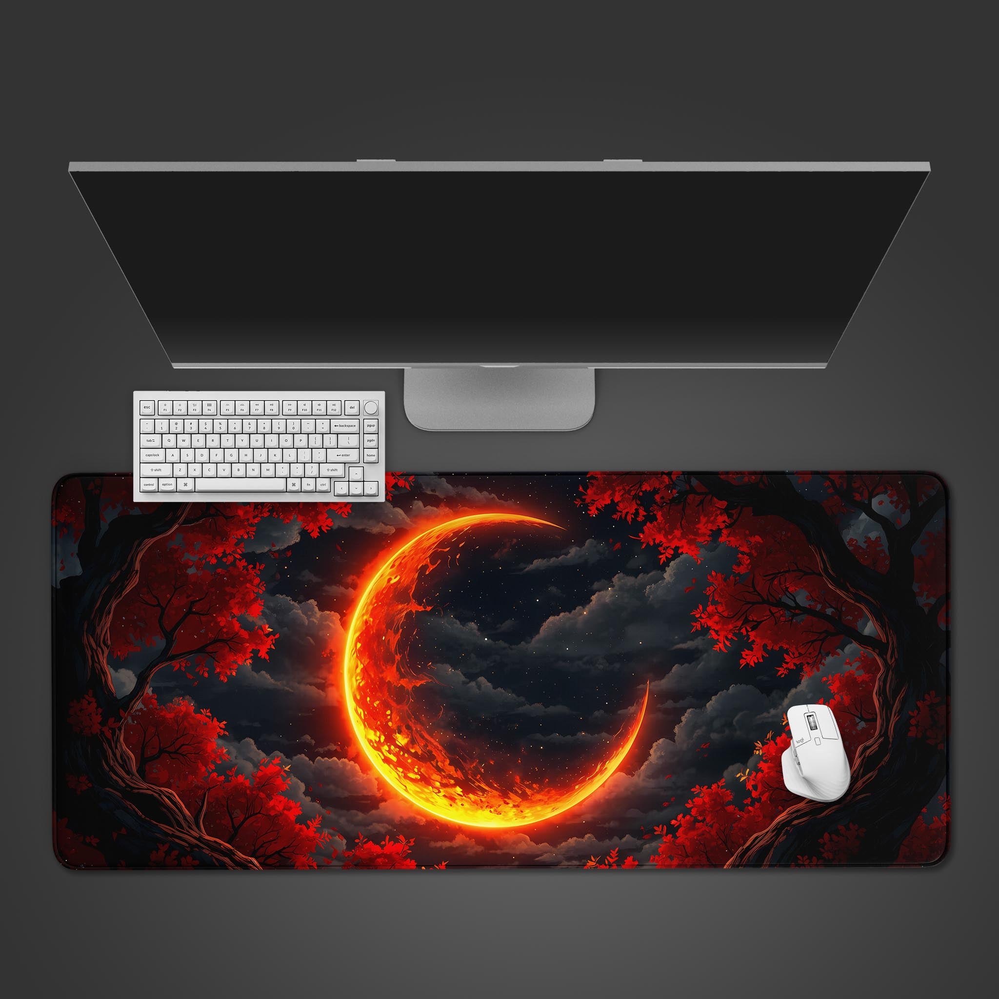 Molten Heart lava desk mat with fiery abstract design, shown in a desktop view with a black keyboard and mouse. - Epic Design Pads & Mousepads