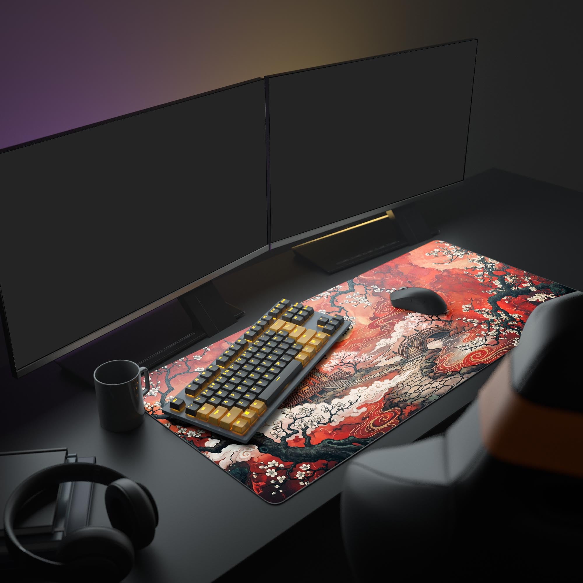 Close-up of the desk mat artwork showing intricate white cherry blossoms against swirling crimson and orange skies.