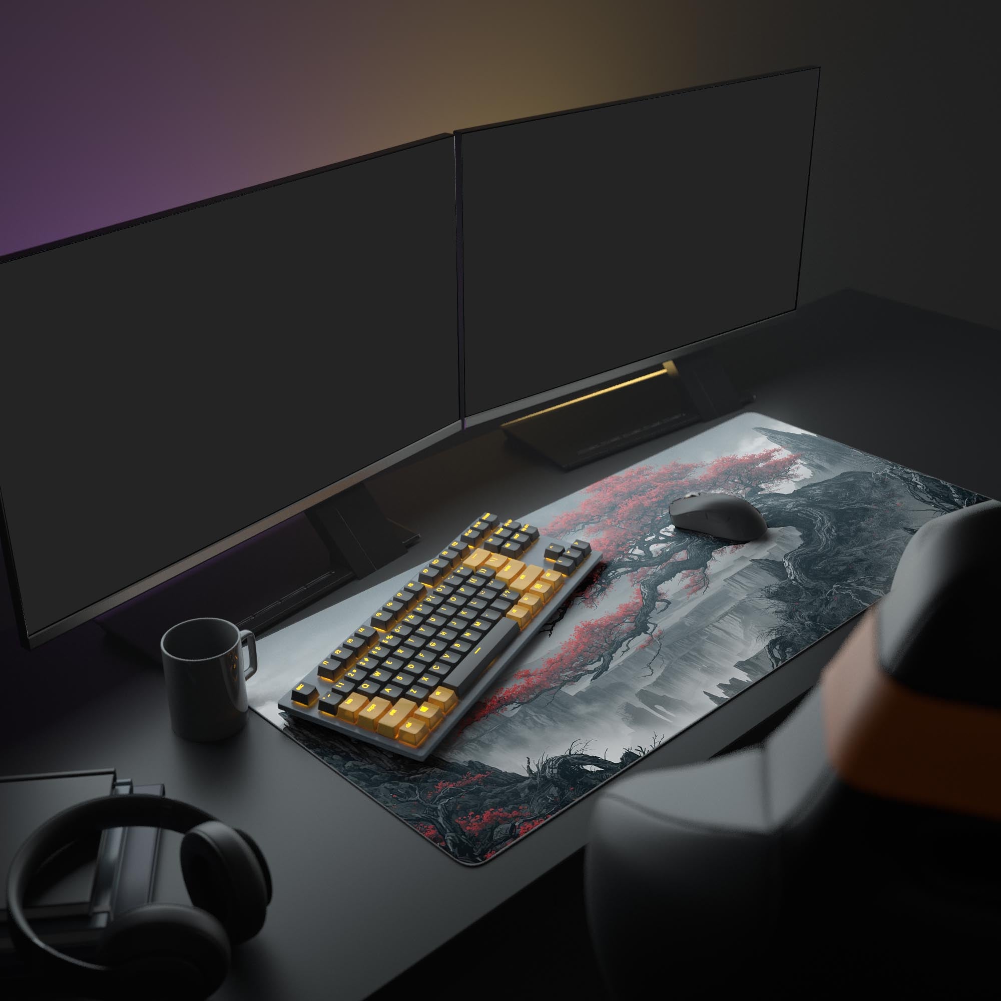 Large Japanese desk mat featuring the Crimson Peaks art in an aesthetic gaming setup with dual monitors and headphones. - Epic Design Pads