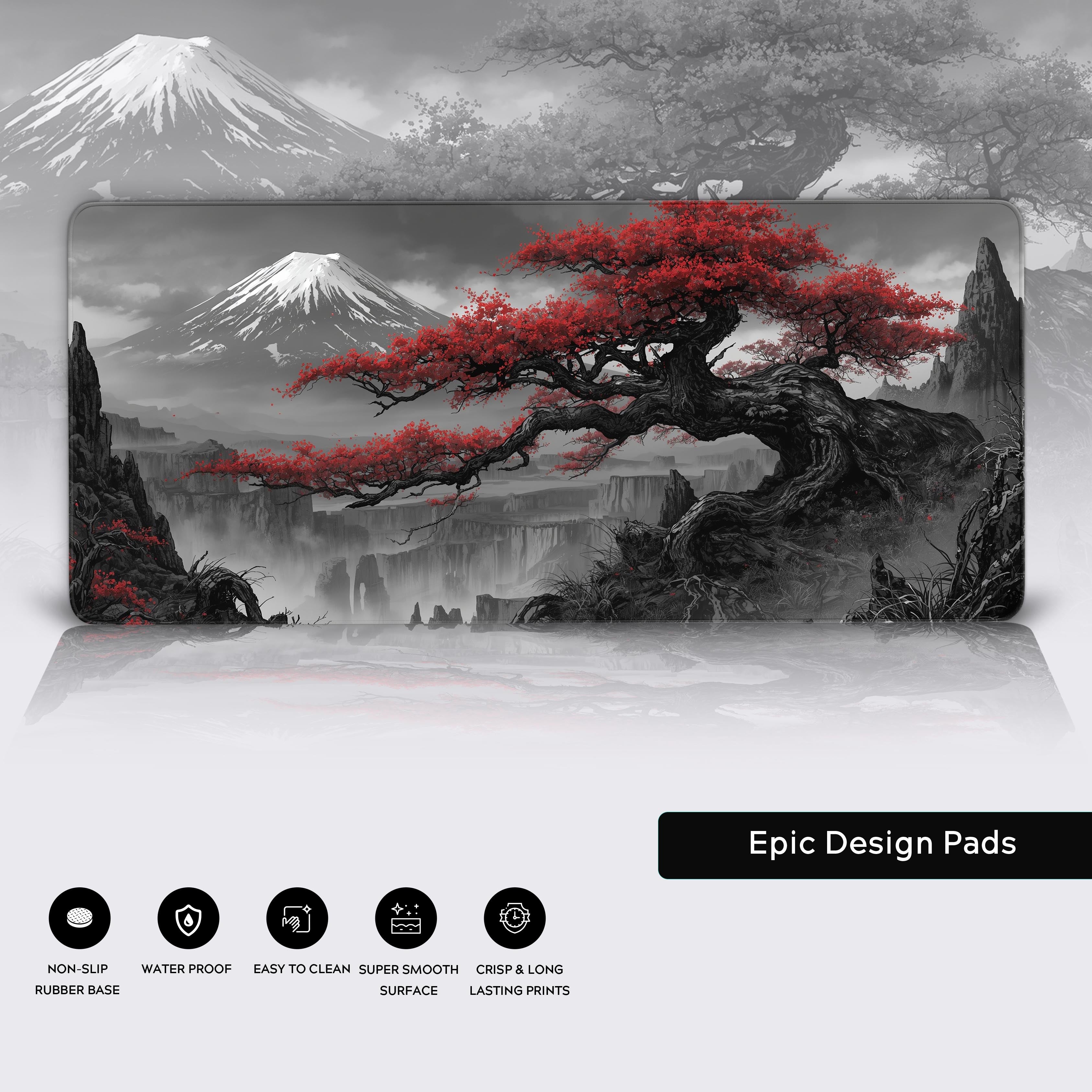 Crimson Peaks Japanese desk mat showcasing its high-quality stitched edges, waterproof surface, and non-slip rubber base. - Epic Design Pads