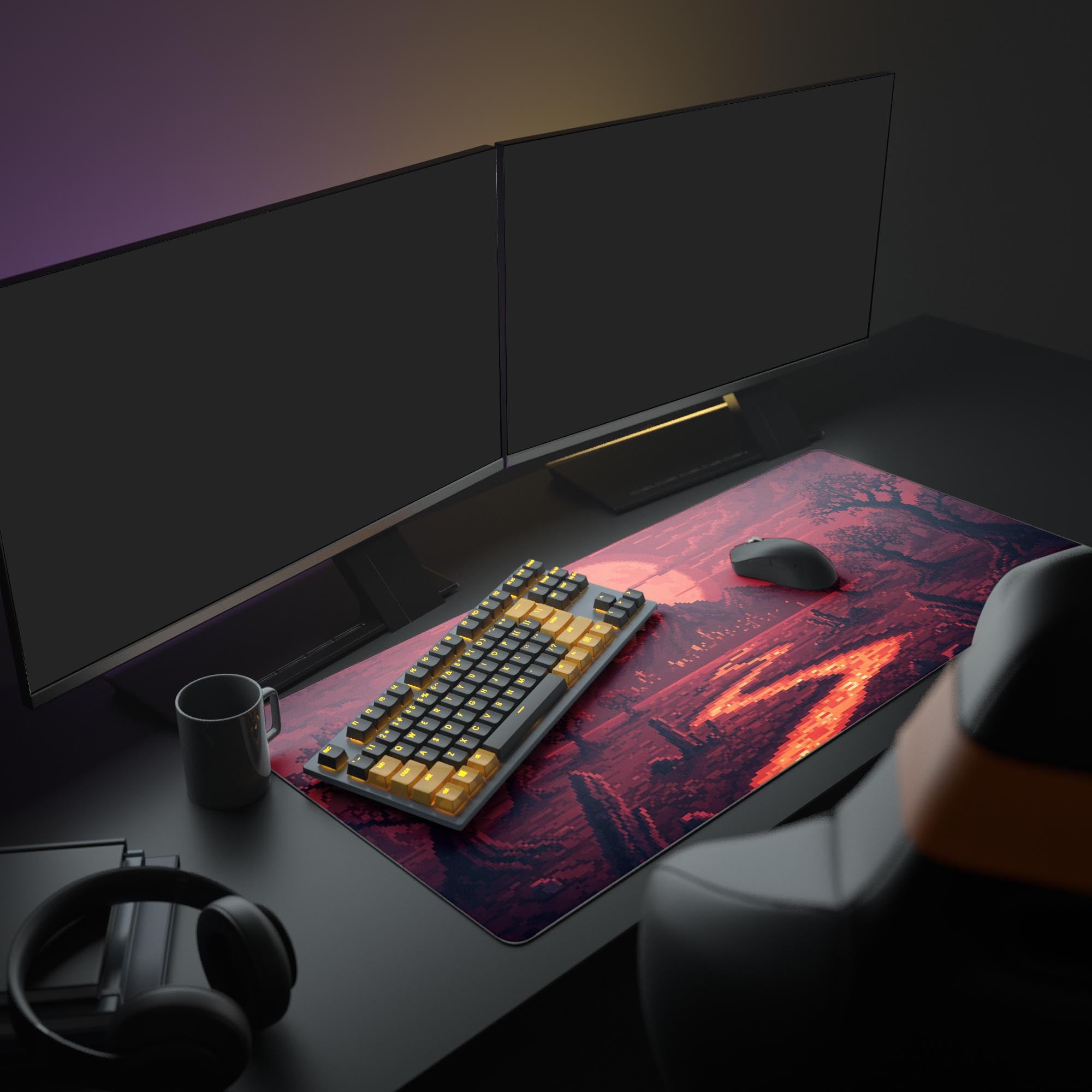 Large Crimson Pixelscape gaming desk mat with 8-bit red moon design – shown in a complete gamer setup with dual monitors. - Epic Design Pads