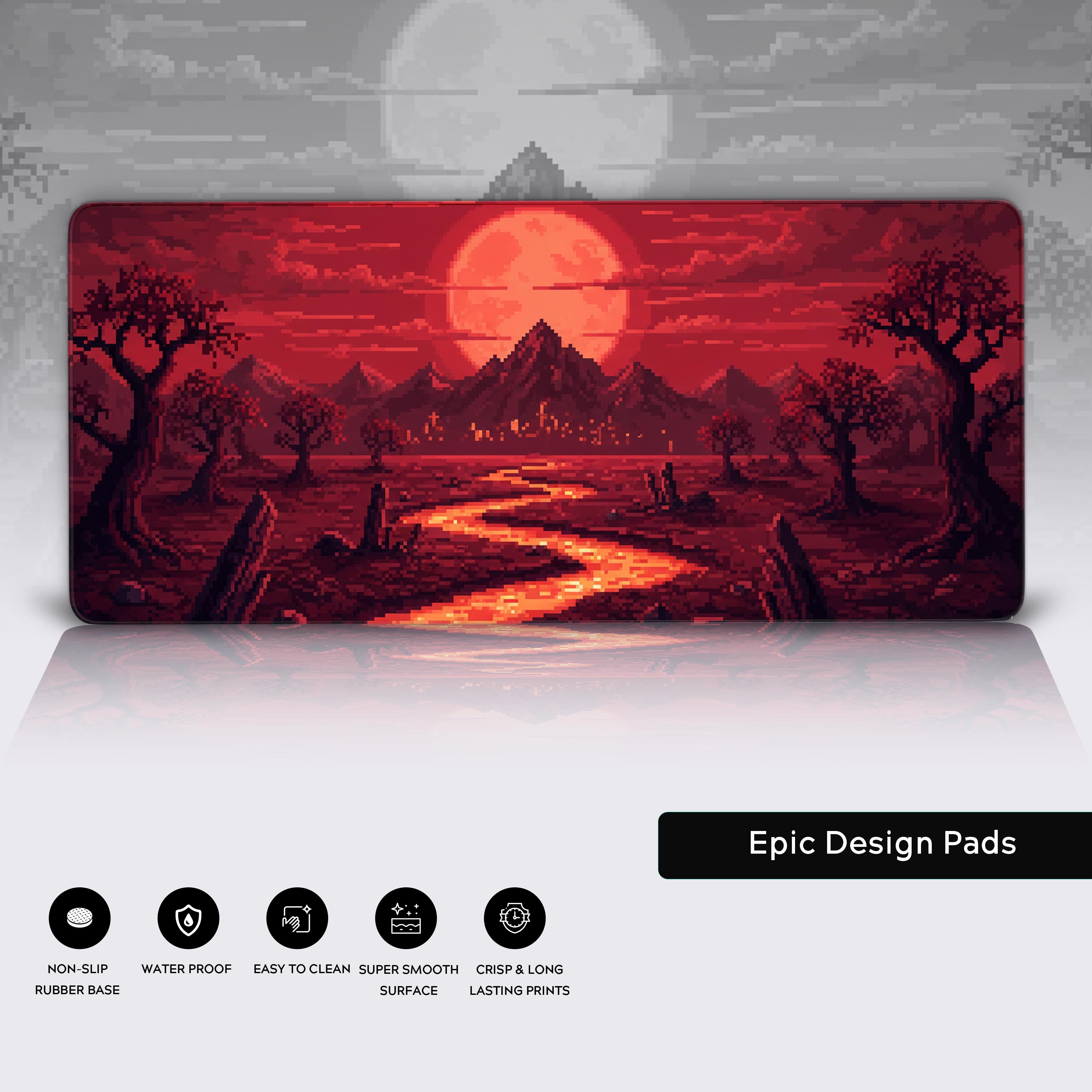 Crimson Pixelscape pixel art desk mat – close-up showing stitched edges, smooth surface, and non-slip rubber base for gaming. - Epic Design Pads