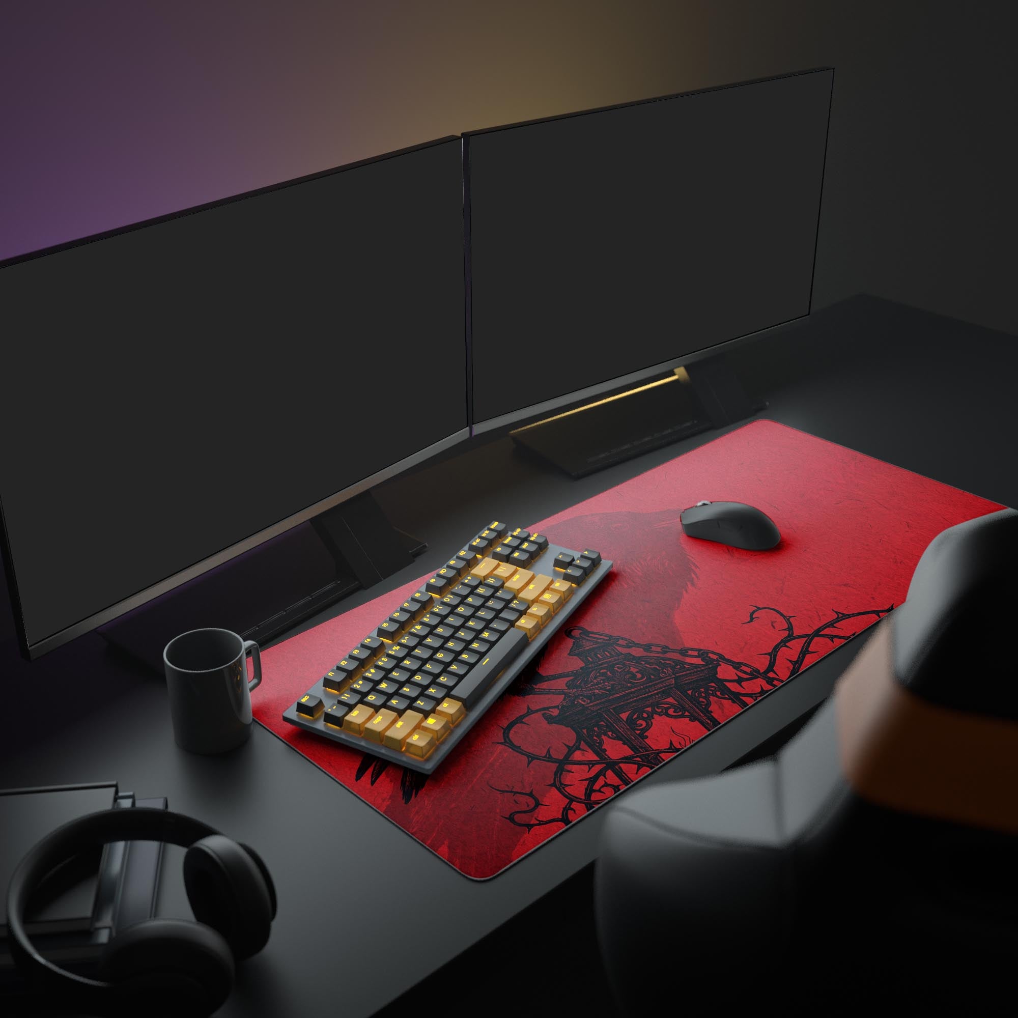 A full gaming PC setup featuring the large Crimson Raven mouse pad, which anchors a gaming keyboard and mouse under a monitor, creating a dark fantasy aesthetic. - Epic Design Pads & Mousepads