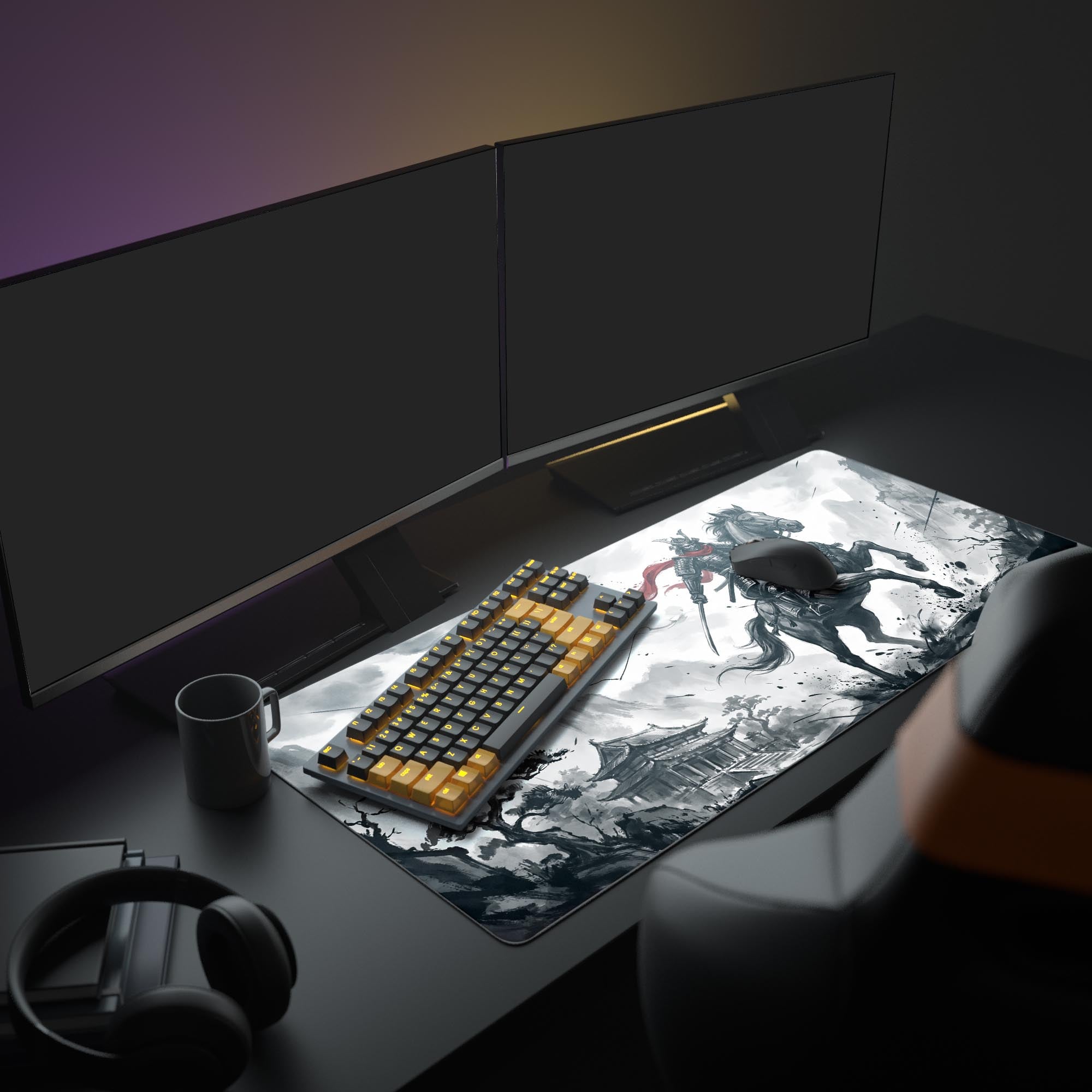 A full gaming setup showcasing the Crimson Rider gaming desk mat, creating a dramatic Japanese art aesthetic with multiple monitors and peripherals. - Epic Design Pads & Mousepads